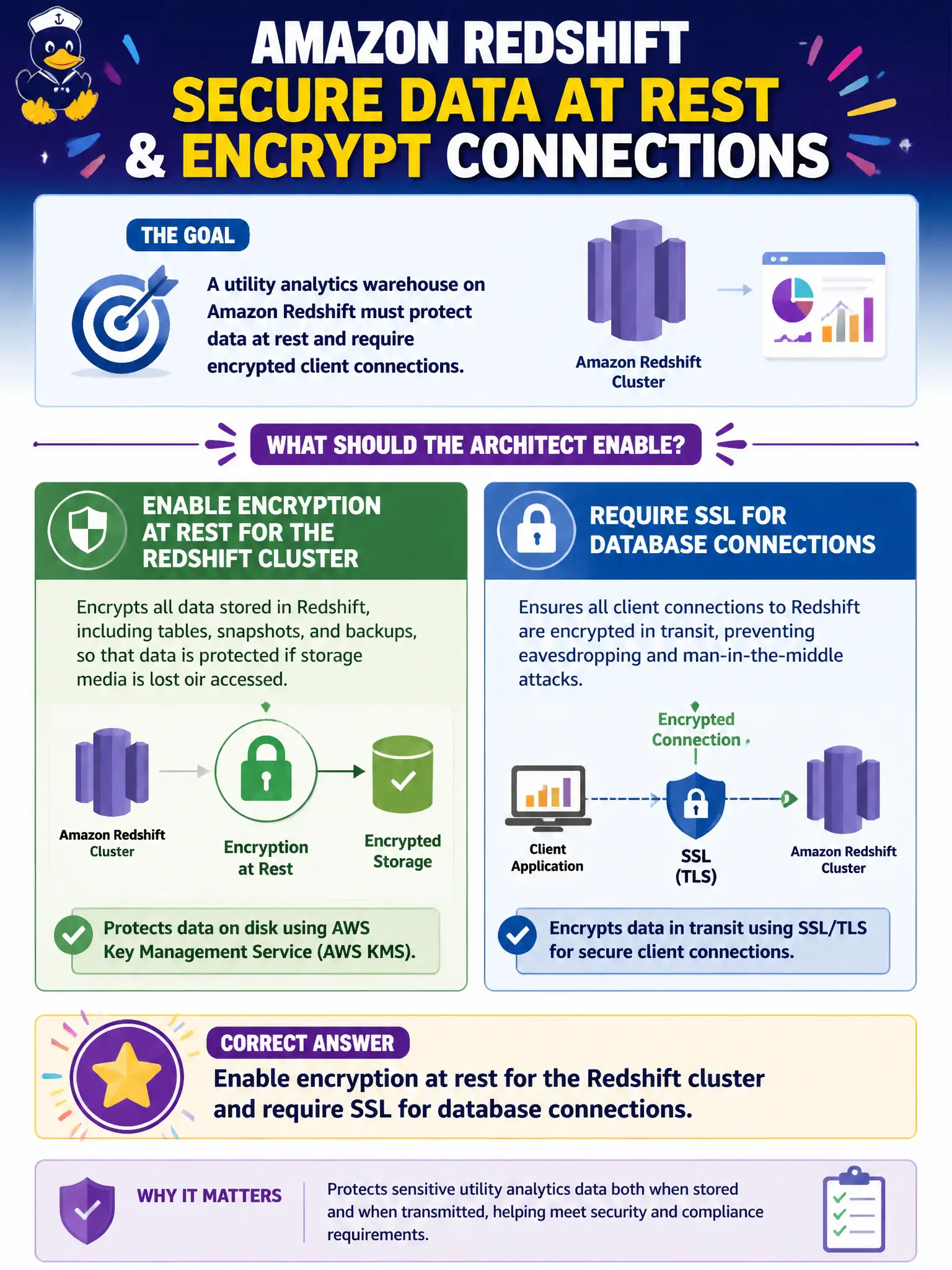 To Create an exciting colorful infographic that explains the concepts in the question: Question: A utility analytics warehouse on Amazon Redshift must protect data at rest and require encrypted client connections. What should the architect enable? Correct Answer: Enable encryption at rest for the Redshift cluster and require SSL for database connections. Put EVERY visible label in double quotes. No people. No A/B/C/D letters. In one of the four corners put a little "Navy Duck".