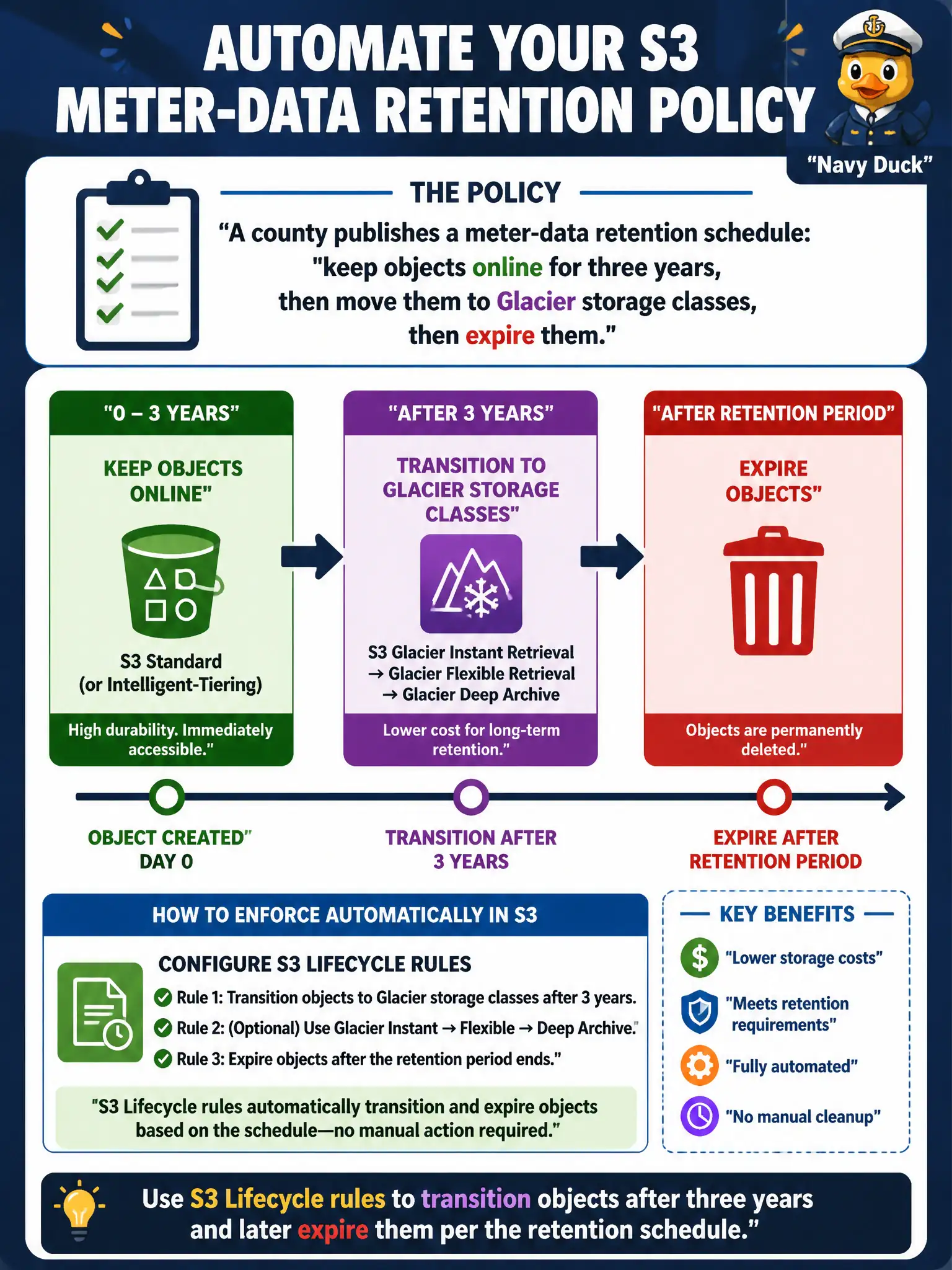 To Create an exciting colorful infographic that explains the concepts in the question: Question: A county publishes a meter-data retention schedule: keep objects online for three years, then move them to Glacier storage classes, then expire them. How should the architect enforce that policy automatically in S3? Correct Answer: Configure S3 Lifecycle rules that transition objects after three years and later expire them per the retention schedule. Put EVERY visible label in double quotes. No people. No A/B/C/D letters. In one of the four corners put a little "Navy Duck".