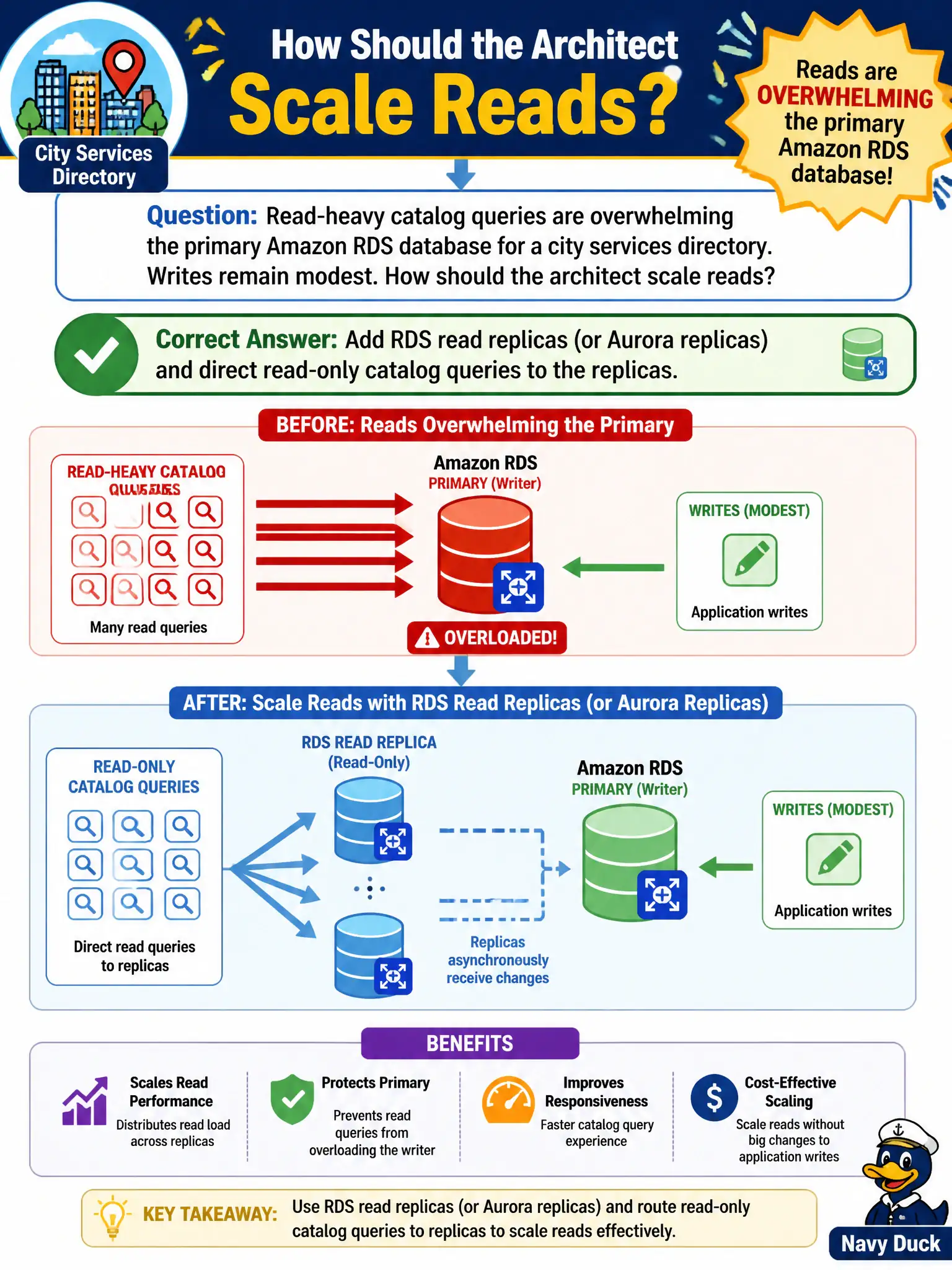 To Create an exciting colorful infographic that explains the concepts in the question: Question: Read-heavy catalog queries are overwhelming the primary Amazon RDS database for a city services directory. Writes remain modest. How should the architect scale reads? Correct Answer: Add RDS read replicas (or Aurora replicas) and direct read-only catalog queries to the replicas. Put EVERY visible label in double quotes. No people. No A/B/C/D letters. In one of the four corners put a little "Navy Duck".