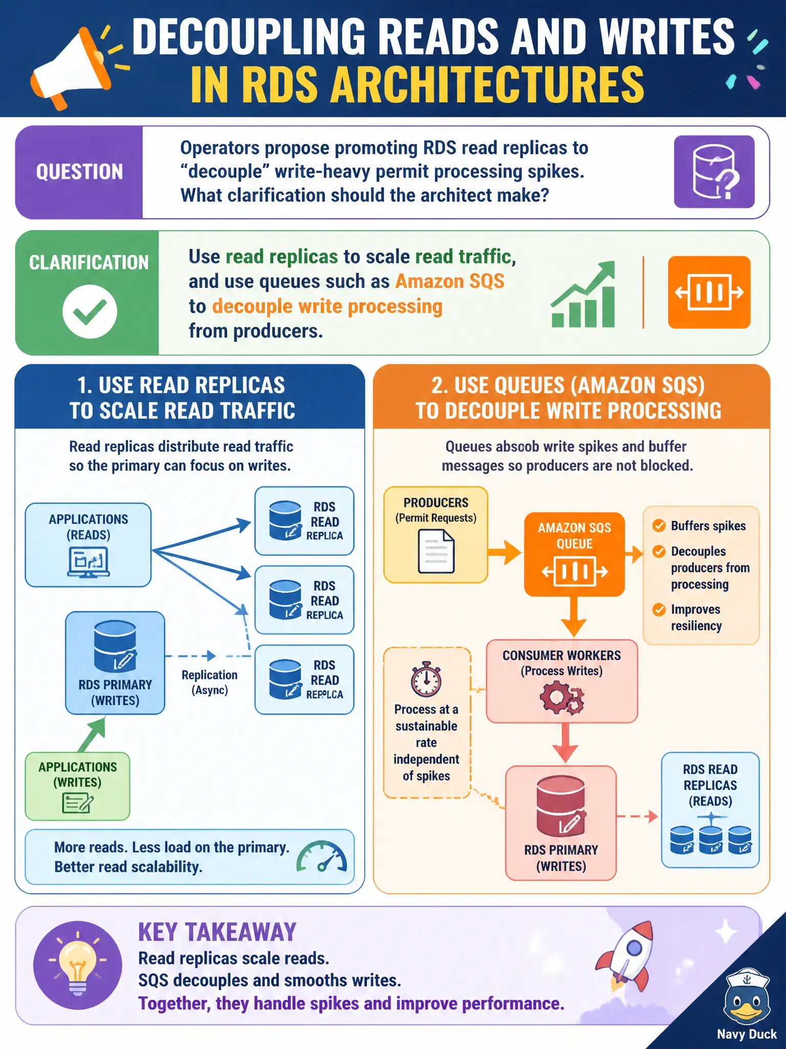 To Create an exciting colorful infographic that explains the concepts in the question: Question: Operators propose promoting RDS read replicas to “decouple” write-heavy permit processing spikes. What clarification should the architect make? Correct Answer: Use read replicas to scale read traffic, and use queues such as Amazon SQS to decouple write processing from producers. Put EVERY visible label in double quotes. No people. No A/B/C/D letters. In one of the four corners put a little "Navy Duck".