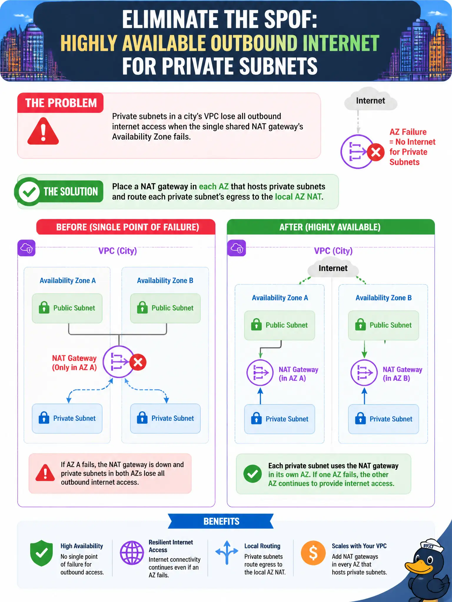 To Create an exciting colorful infographic that explains the concepts in the question: Question: Private subnets in a city’s VPC lose all outbound internet access when the single shared NAT gateway’s Availability Zone fails. How should the architect remove that SPOF? Correct Answer: Place a NAT gateway in each AZ that hosts private subnets and route each private subnet’s egress to the local AZ NAT Put EVERY visible label in double quotes. No people. No A/B/C/D letters. In one of the four corners put a little "Navy Duck".