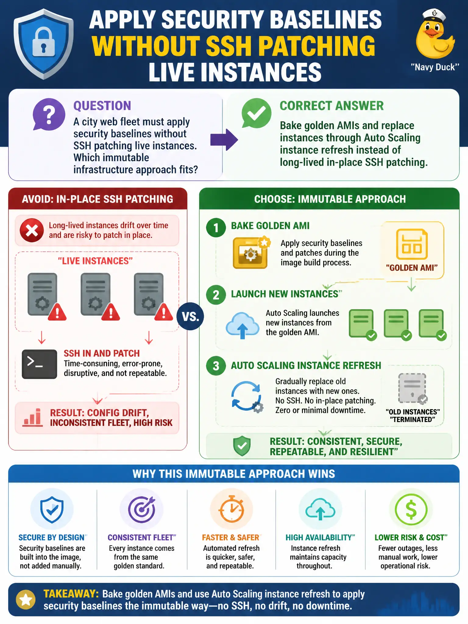 To Create an exciting colorful infographic that explains the concepts in the question: Question: A city web fleet must apply security baselines without SSH patching live instances. Which immutable infrastructure approach fits? Correct Answer: Bake golden AMIs and replace instances through Auto Scaling instance refresh instead of long-lived in-place SSH patching Put EVERY visible label in double quotes. No people. No A/B/C/D letters. In one of the four corners put a little "Navy Duck".