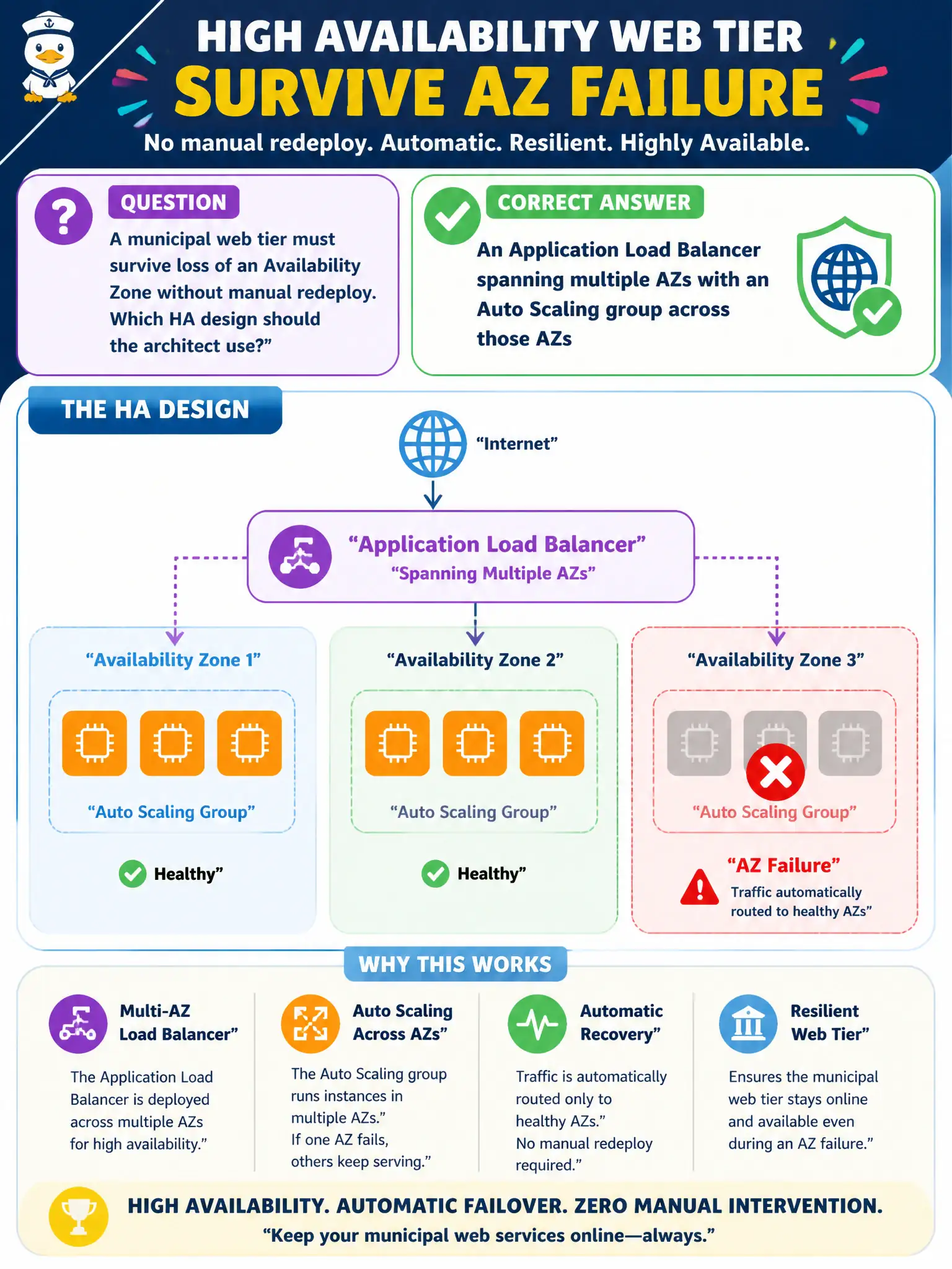 To Create an exciting colorful infographic that explains the concepts in the question: Question: A municipal web tier must survive loss of an Availability Zone without manual redeploy. Which HA design should the architect use? Correct Answer: An Application Load Balancer spanning multiple AZs with an Auto Scaling group across those AZs Put EVERY visible label in double quotes. No people. No A/B/C/D letters. In one of the four corners put a little "Navy Duck".