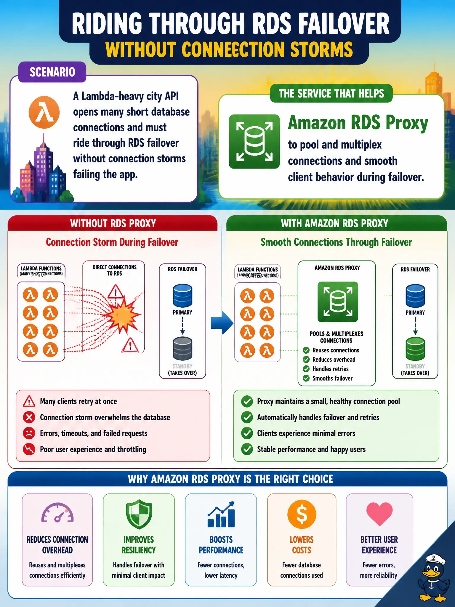 To Create an exciting colorful infographic that explains the concepts in the question: Question: A Lambda-heavy city API opens many short database connections and must ride through RDS failover without connection storms failing the app. Which service helps? Correct Answer: Amazon RDS Proxy to pool and multiplex connections and smooth client behavior during failover Put EVERY visible label in double quotes. No people. No A/B/C/D letters. In one of the four corners put a little "Navy Duck".