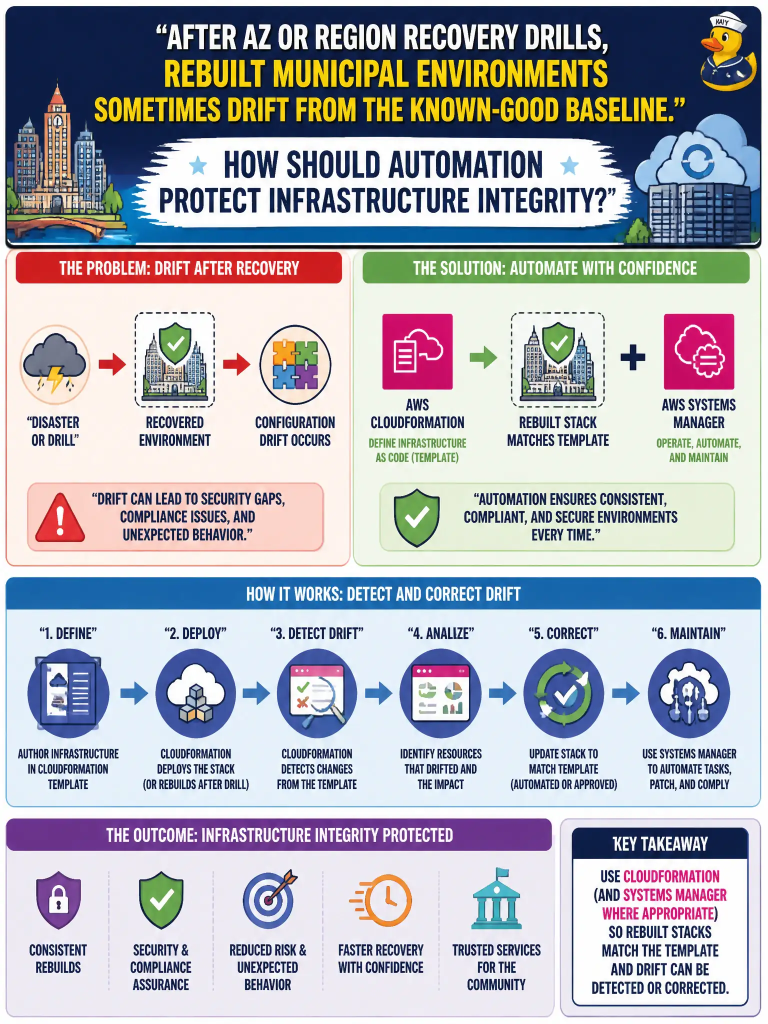 To Create an exciting colorful infographic that explains the concepts in the question: Question: After AZ or Region recovery drills, rebuilt municipal environments sometimes drift from the known-good baseline. How should automation protect infrastructure integrity? Correct Answer: Use CloudFormation (and Systems Manager where appropriate) so rebuilt stacks match the template and drift can be detected or corrected Put EVERY visible label in double quotes. No people. No A/B/C/D letters. In one of the four corners put a little "Navy Duck".