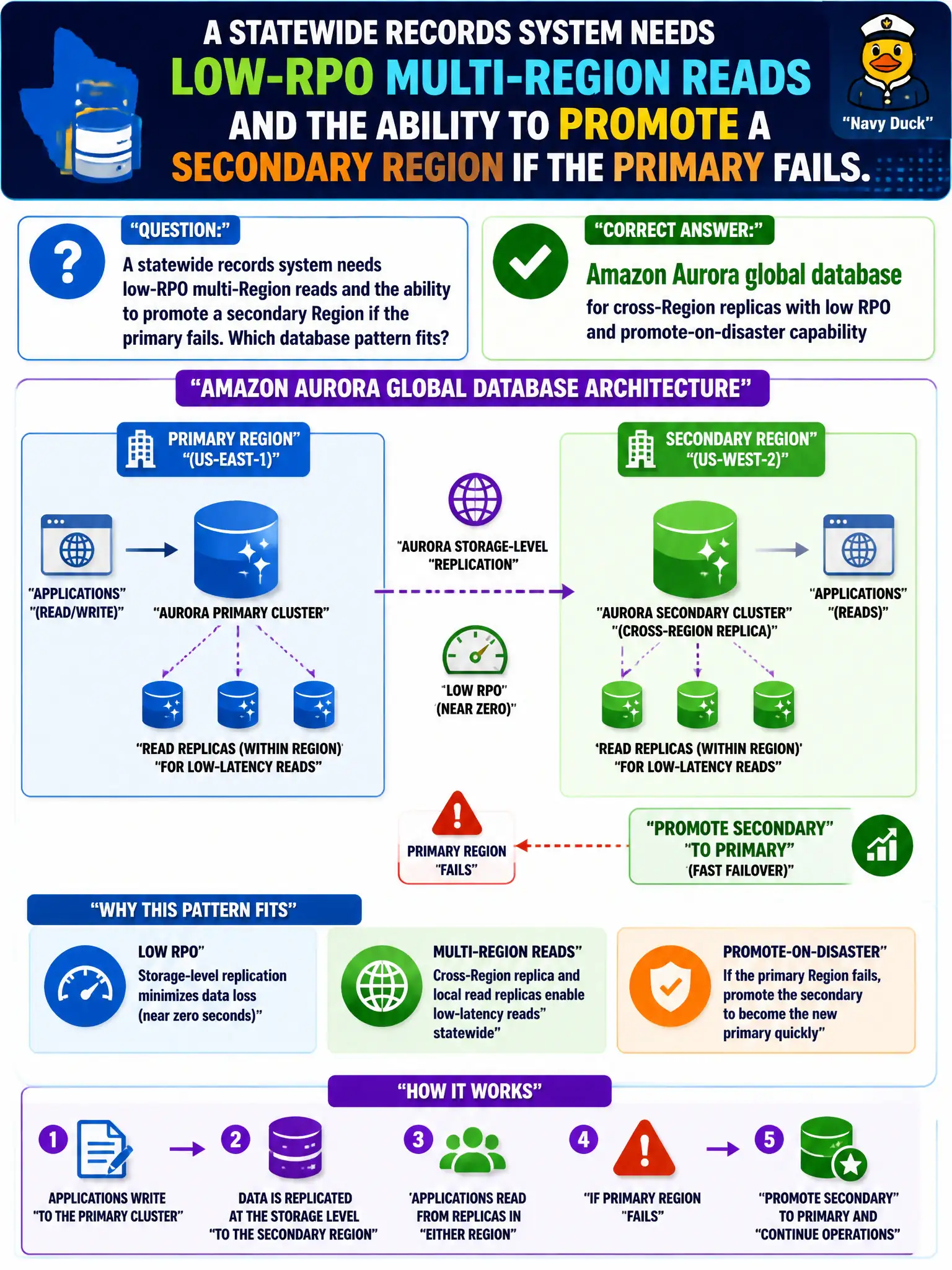 To Create an exciting colorful infographic that explains the concepts in the question: Question: A statewide records system needs low-RPO multi-Region reads and the ability to promote a secondary Region if the primary fails. Which database pattern fits? Correct Answer: Amazon Aurora global database for cross-Region replicas with low RPO and promote-on-disaster capability Put EVERY visible label in double quotes. No people. No A/B/C/D letters. In one of the four corners put a little "Navy Duck".