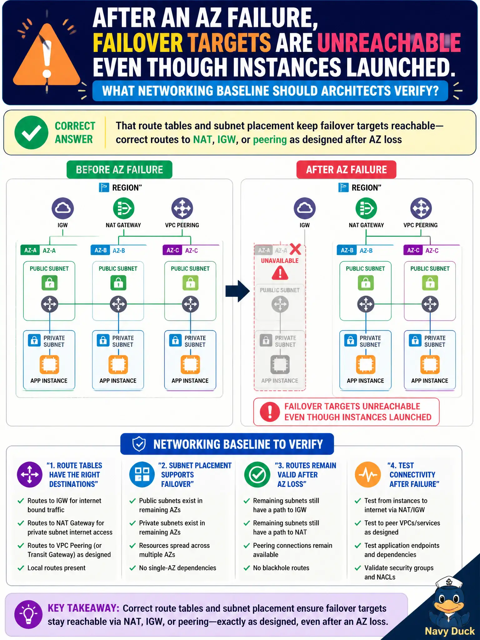 To Create an exciting colorful infographic that explains the concepts in the question: Question: After an AZ failure, failover targets for a city’s multi-AZ app are unreachable even though instances launched. What networking baseline should architects verify? Correct Answer: That route tables and subnet placement keep failover targets reachable—correct routes to NAT, IGW, or peering as designed after AZ loss Put EVERY visible label in double quotes. No people. No A/B/C/D letters. In one of the four corners put a little "Navy Duck".