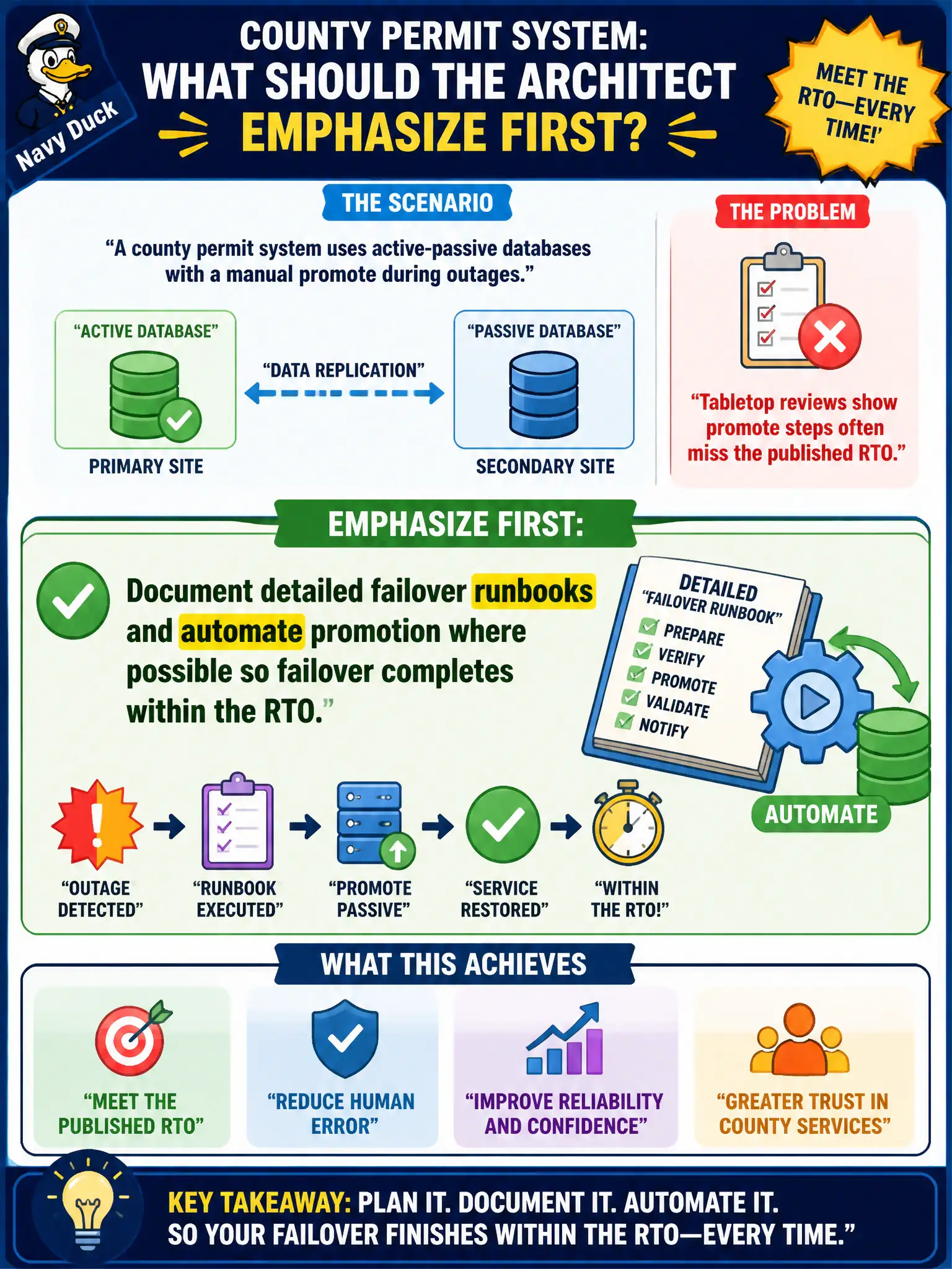 To Create an exciting colorful infographic that explains the concepts in the question: Question: A county permit system uses active-passive databases with a manual promote during outages. Tabletop reviews show promote steps often miss the published RTO. What should the architect emphasize first? Correct Answer: Document detailed failover runbooks and automate promotion where possible so failover completes within the RTO. Put EVERY visible label in double quotes. No people. No A/B/C/D letters. In one of the four corners put a little "Navy Duck".