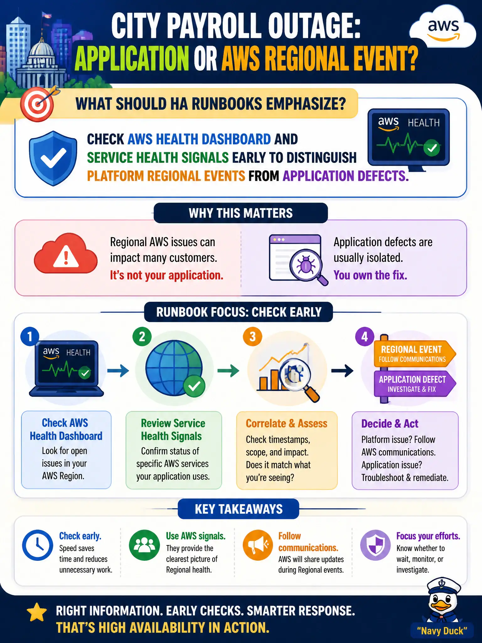 To Create an exciting colorful infographic that explains the concepts in the question: Question: During a city payroll outage, operators argue about whether the fault is the application or an AWS Regional service event. What should HA runbooks emphasize? Correct Answer: Check AWS Health Dashboard and service health signals early to distinguish platform Regional events from application defects. Put EVERY visible label in double quotes. No people. No A/B/C/D letters. In one of the four corners put a little "Navy Duck".