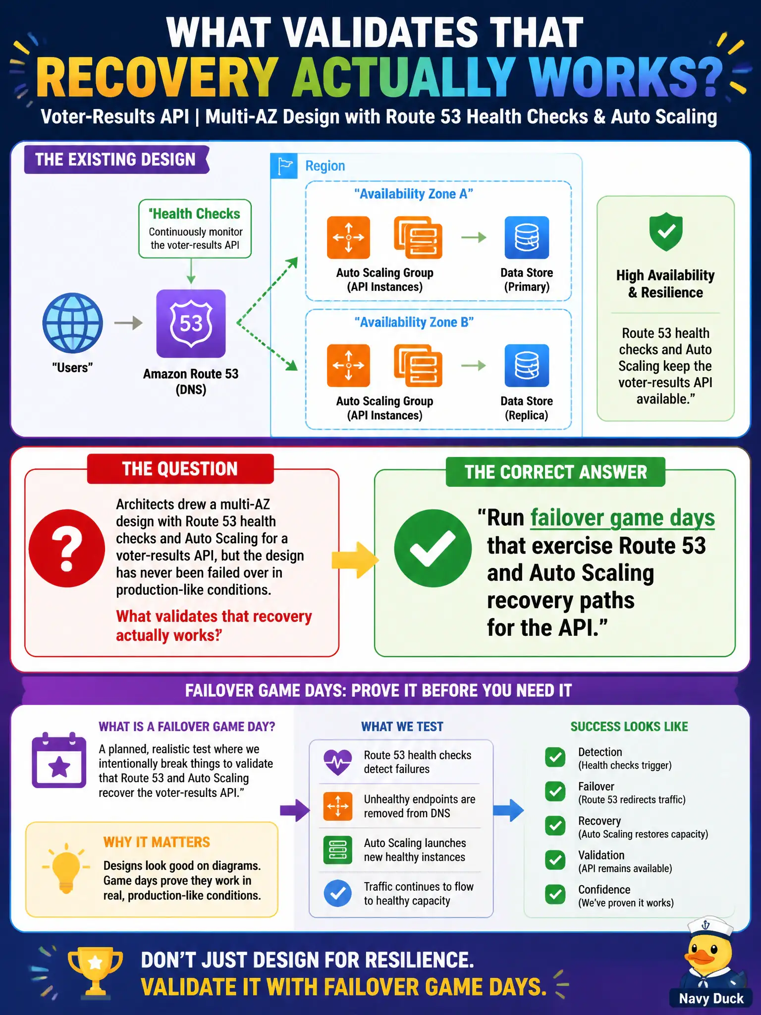 To Create an exciting colorful infographic that explains the concepts in the question: Question: Architects drew a multi-AZ design with Route 53 health checks and Auto Scaling for a voter-results API, but the design has never been failed over in production-like conditions. What validates that recovery actually works? Correct Answer: Run failover game days that exercise Route 53 and Auto Scaling recovery paths for the API. Put EVERY visible label in double quotes. No people. No A/B/C/D letters. In one of the four corners put a little "Navy Duck".