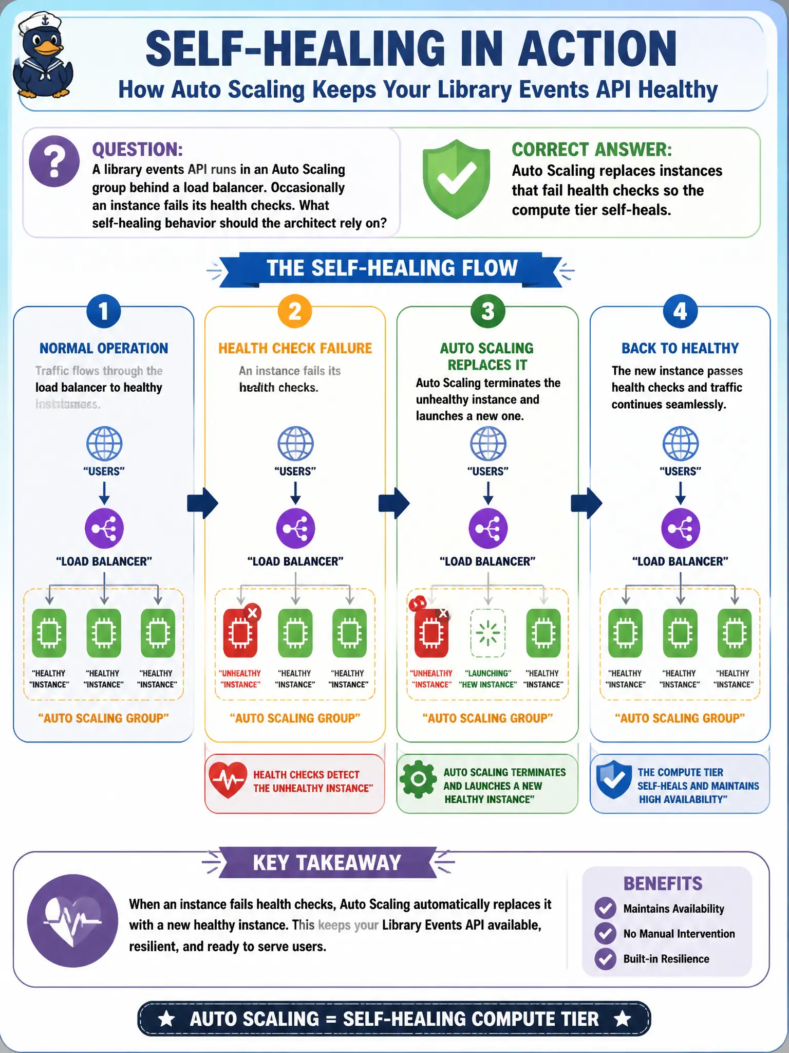 To Create an exciting colorful infographic that explains the concepts in the question: Question: A library events API runs in an Auto Scaling group behind a load balancer. Occasionally an instance fails its health checks. What self-healing behavior should the architect rely on? Correct Answer: Auto Scaling replaces instances that fail health checks so the compute tier self-heals. Put EVERY visible label in double quotes. No people. No A/B/C/D letters. In one of the four corners put a little "Navy Duck".