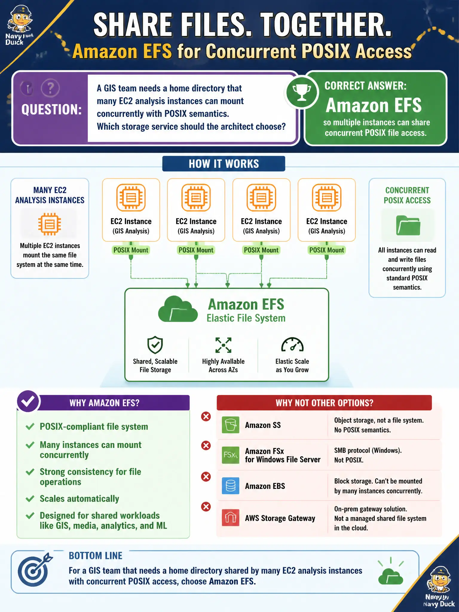To Create an exciting colorful infographic that explains the concepts in the question: Question: A GIS team needs a home directory that many EC2 analysis instances can mount concurrently with POSIX semantics. Which storage service should the architect choose? Correct Answer: Amazon EFS so multiple instances can share concurrent POSIX file access. Put EVERY visible label in double quotes. No people. No A/B/C/D letters. In one of the four corners put a little "Navy Duck".