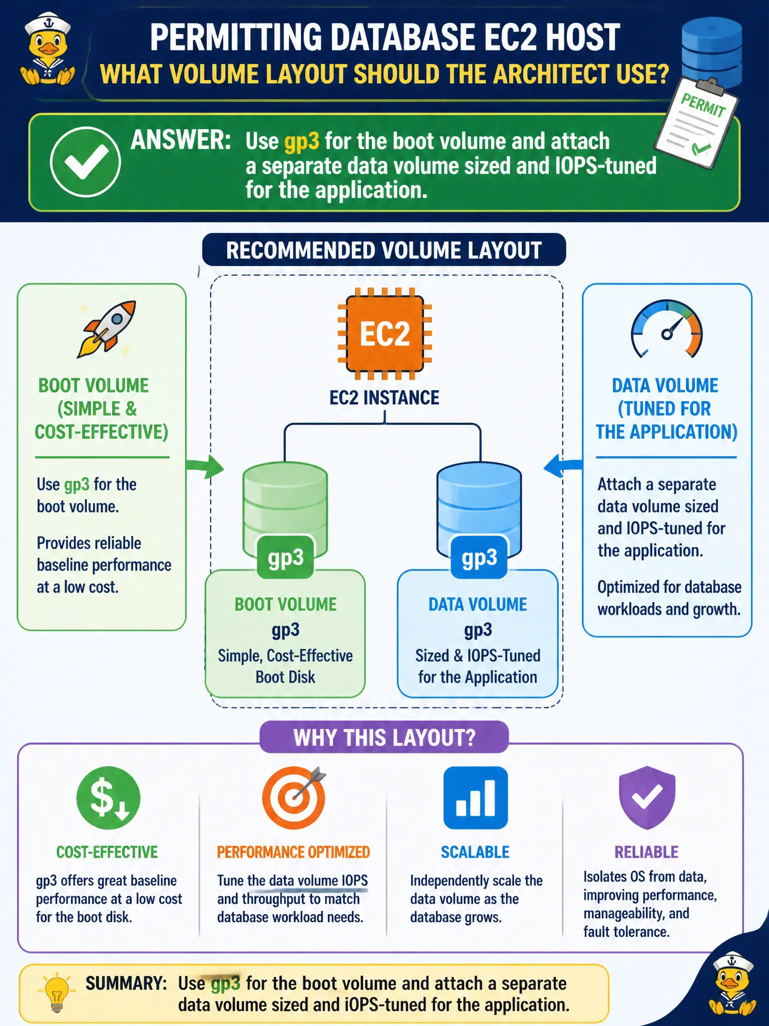 To Create an exciting colorful infographic that explains the concepts in the question: Question: A permitting database EC2 host needs a simple, cost-effective boot disk plus a separately tuned data disk. What volume layout should the architect use? Correct Answer: Use gp3 for the boot volume and attach a separate data volume sized and IOPS-tuned for the application. Put EVERY visible label in double quotes. No people. No A/B/C/D letters. In one of the four corners put a little "Navy Duck".