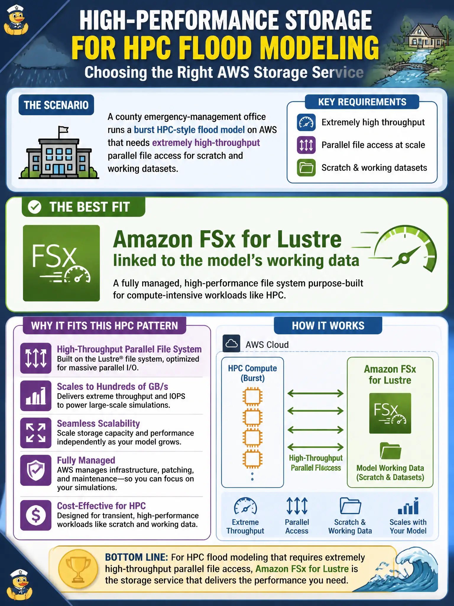 To Create an exciting colorful infographic that explains the concepts in the question: Question: A county emergency-management office runs a burst HPC-style flood model on AWS that needs extremely high-throughput parallel file access for scratch and working datasets. Which storage service best fits this high-performance compute pattern? Correct Answer: Amazon FSx for Lustre linked to the model’s working data Put EVERY visible label in double quotes. No people. No A/B/C/D letters. In one of the four corners put a little "Navy Duck".
