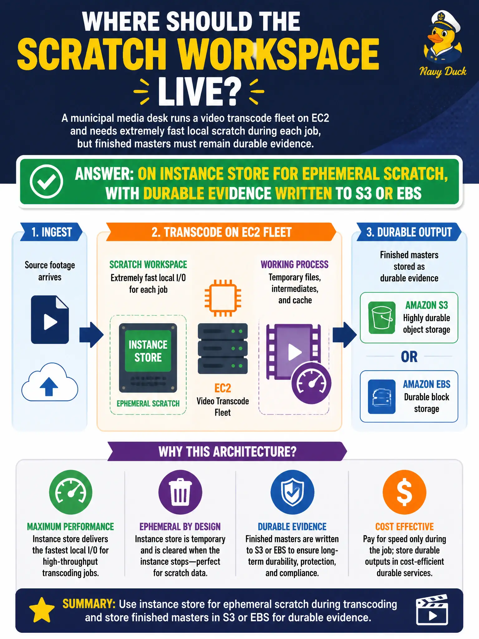 To Create an exciting colorful infographic that explains the concepts in the question: Question: A municipal media desk runs a video transcode fleet on EC2 and needs extremely fast local scratch during each job, but finished masters must remain durable evidence. Where should the scratch workspace live? Correct Answer: On instance store for ephemeral scratch, with durable evidence written to S3 or EBS Put EVERY visible label in double quotes. No people. No A/B/C/D letters. In one of the four corners put a little "Navy Duck".