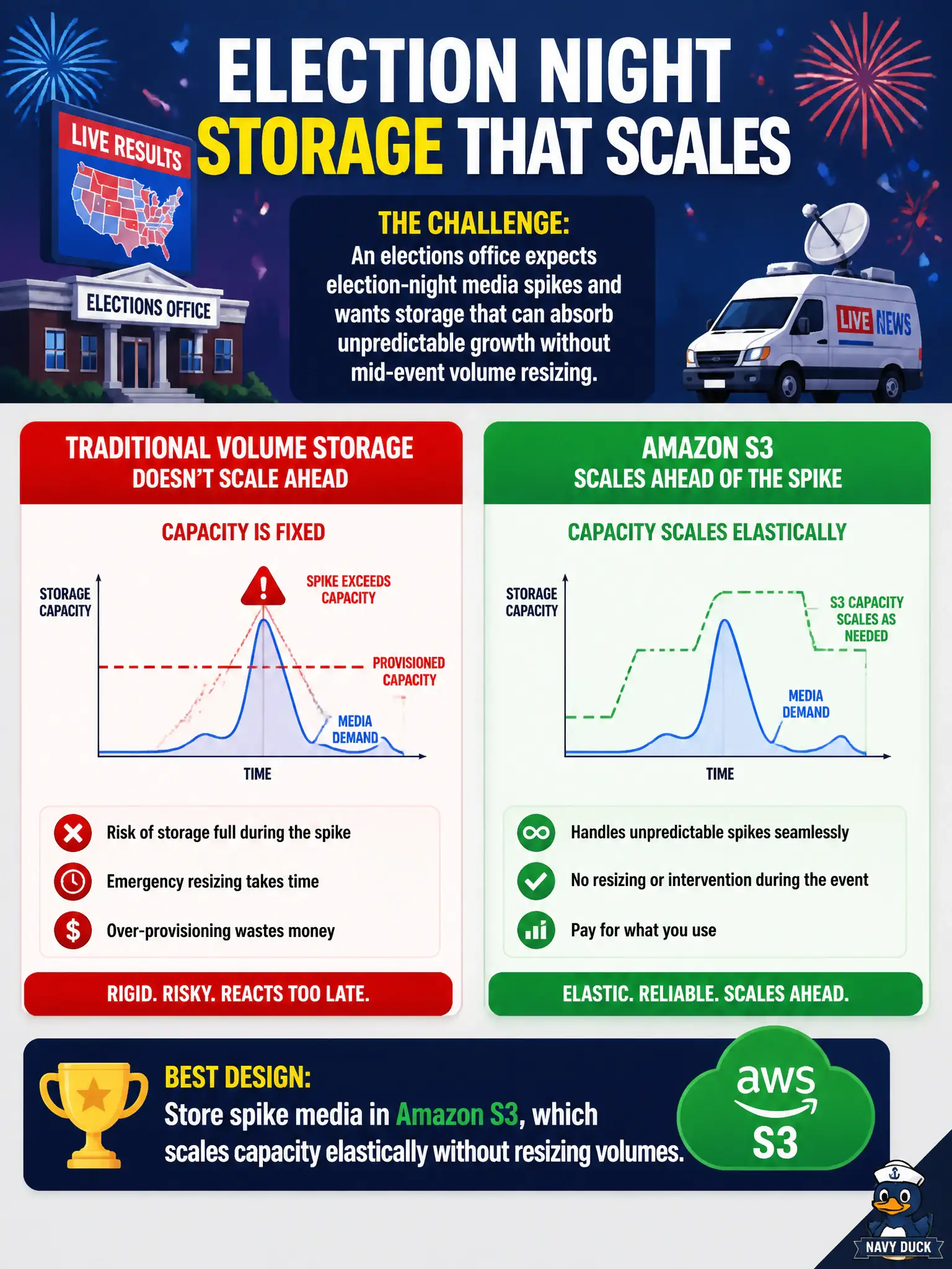 To Create an exciting colorful infographic that explains the concepts in the question: Question: An elections office expects election-night media spikes and wants storage that can absorb unpredictable growth without mid-event volume resizing. Which design best scales ahead of that spike? Correct Answer: Store spike media in Amazon S3, which scales capacity elastically without resizing volumes Put EVERY visible label in double quotes. No people. No A/B/C/D letters. In one of the four corners put a little "Navy Duck".