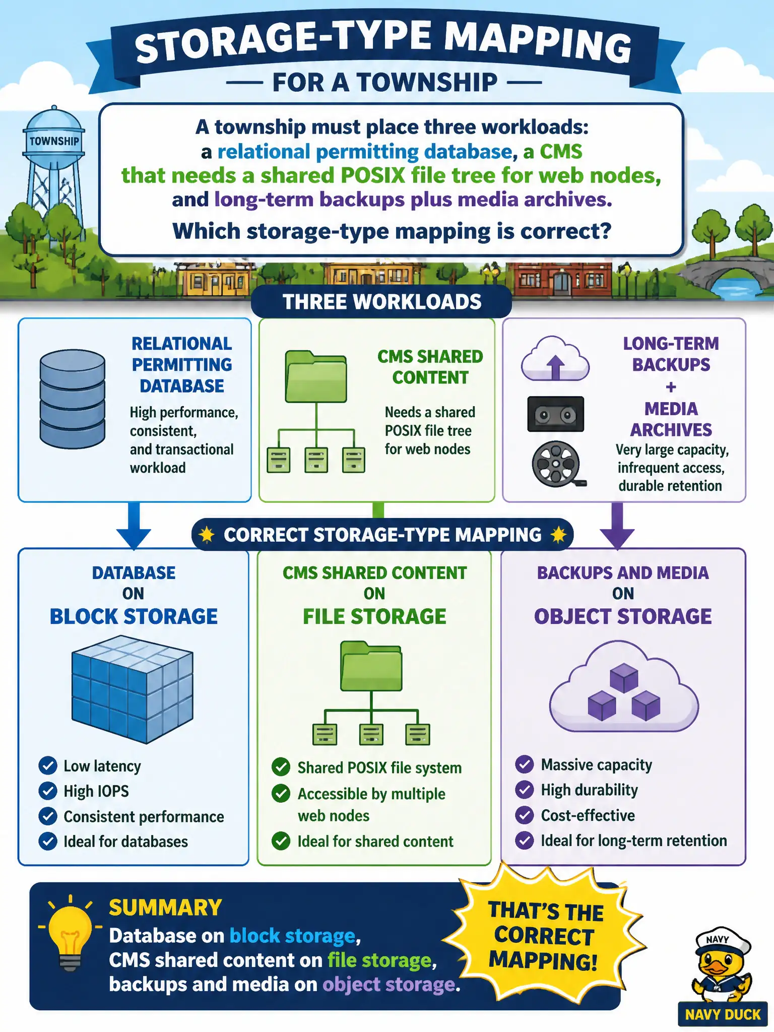 To Create an exciting colorful infographic that explains the concepts in the question: Question: A township must place three workloads: a relational permitting database, a CMS that needs a shared POSIX file tree for web nodes, and long-term backups plus media archives. Which storage-type mapping is correct? Correct Answer: Database on block storage, CMS shared content on file storage, backups and media on object storage Put EVERY visible label in double quotes. No people. No A/B/C/D letters. In one of the four corners put a little "Navy Duck".
