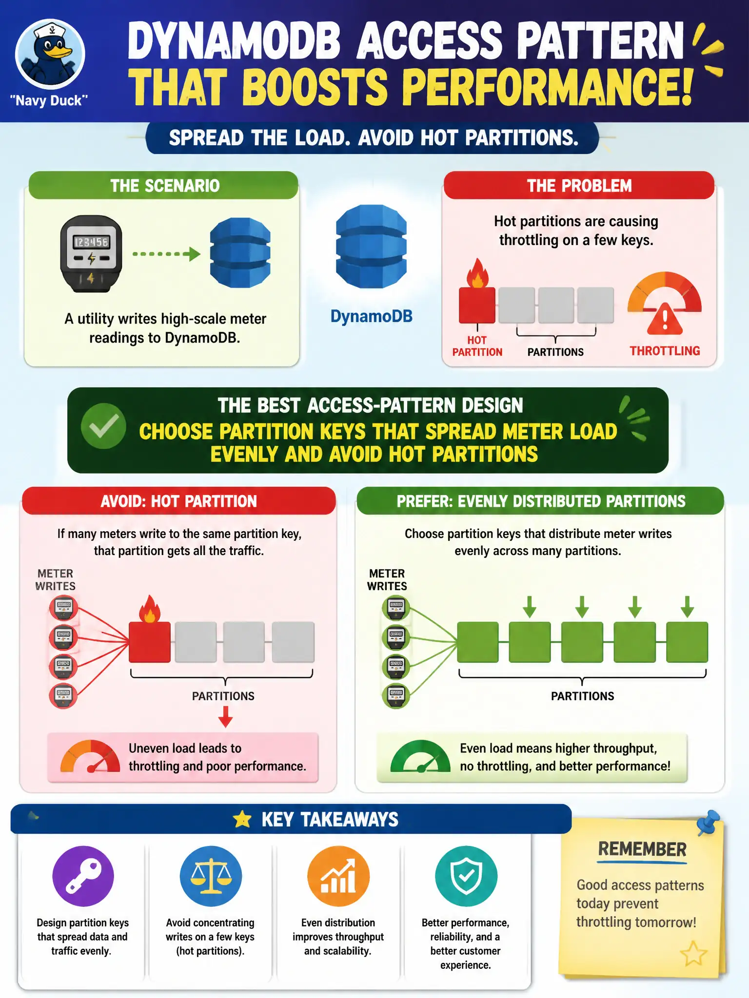 To Create an exciting colorful infographic that explains the concepts in the question: Question: A utility writes high-scale meter readings to DynamoDB. Hot partitions are causing throttling on a few keys. Which access-pattern design best improves performance? Correct Answer: Choose partition keys that spread meter load evenly and avoid hot partitions Put EVERY visible label in double quotes. No people. No A/B/C/D letters. In one of the four corners put a little "Navy Duck".