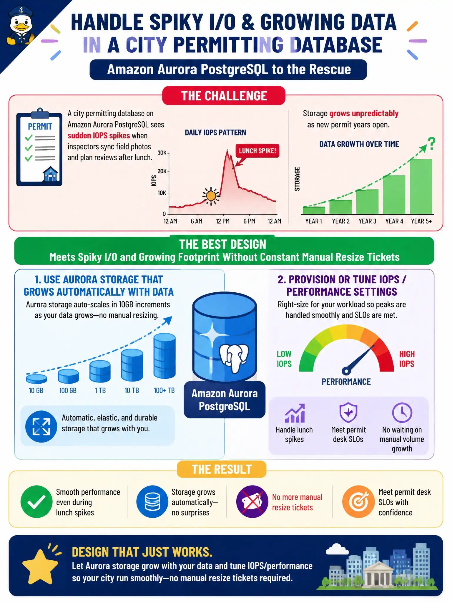 To Create an exciting colorful infographic that explains the concepts in the question: Question: A city permitting database on Amazon Aurora PostgreSQL sees sudden IOPS spikes when inspectors sync field photos and plan reviews after lunch. Storage grows unpredictably as new permit years open. Which design best meets the spiky I/O and growing footprint without constant manual resize tickets? Correct Answer: Use Aurora storage that grows automatically with data, and provision or tune IOPS/performance settings so peaks meet the permit desk SLO without waiting on manual volume growth Put EVERY visible label in double quotes. No people. No A/B/C/D letters. In one of the four corners put a little "Navy Duck".