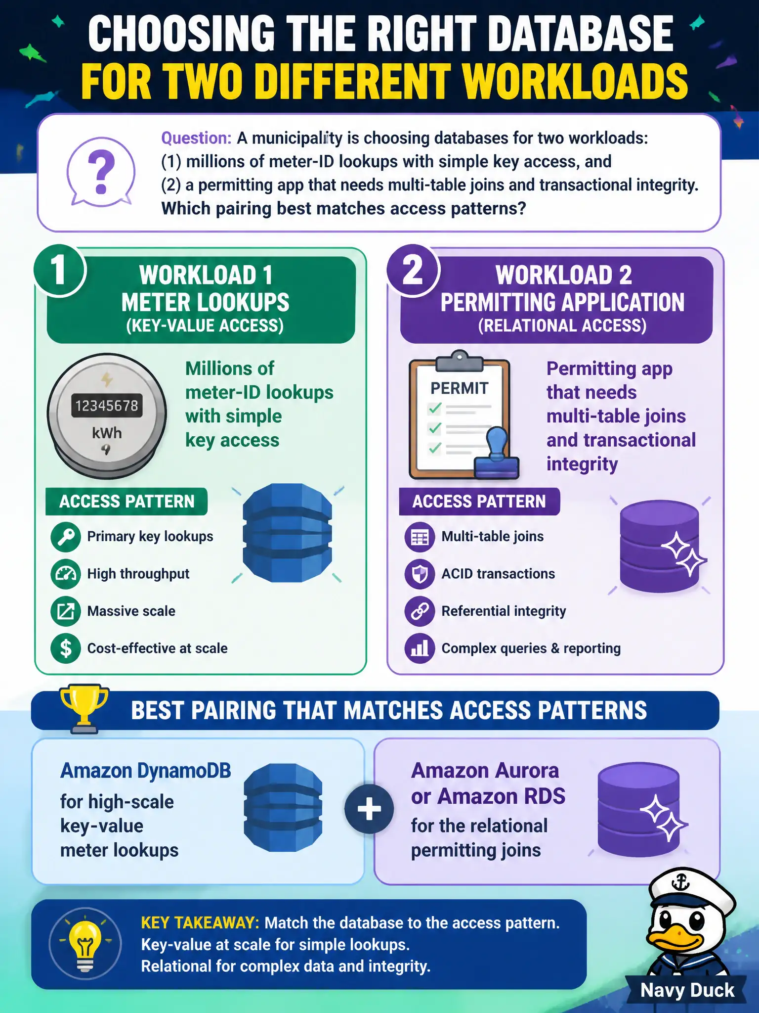 To Create an exciting colorful infographic that explains the concepts in the question: Question: A municipality is choosing databases for two workloads: (1) millions of meter-ID lookups with simple key access, and (2) a permitting app that needs multi-table joins and transactional integrity. Which pairing best matches access patterns? Correct Answer: Amazon DynamoDB for high-scale key-value meter lookups; Amazon Aurora or Amazon RDS for the relational permitting joins Put EVERY visible label in double quotes. No people. No A/B/C/D letters. In one of the four corners put a little "Navy Duck".