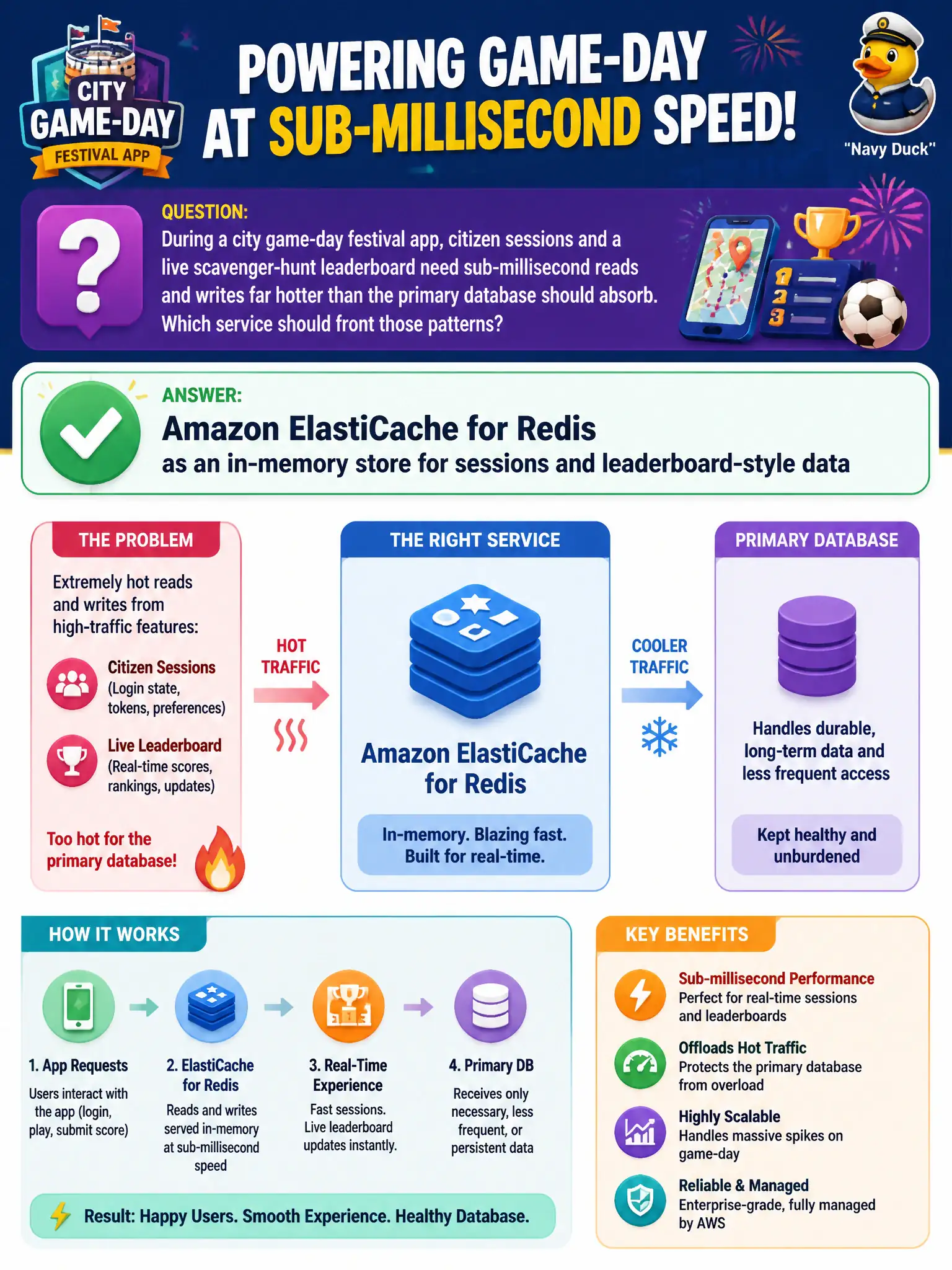 To Create an exciting colorful infographic that explains the concepts in the question: Question: During a city game-day festival app, citizen sessions and a live scavenger-hunt leaderboard need sub-millisecond reads and writes far hotter than the primary database should absorb. Which service should front those patterns? Correct Answer: Amazon ElastiCache for Redis as an in-memory store for sessions and leaderboard-style data Put EVERY visible label in double quotes. No people. No A/B/C/D letters. In one of the four corners put a little "Navy Duck".