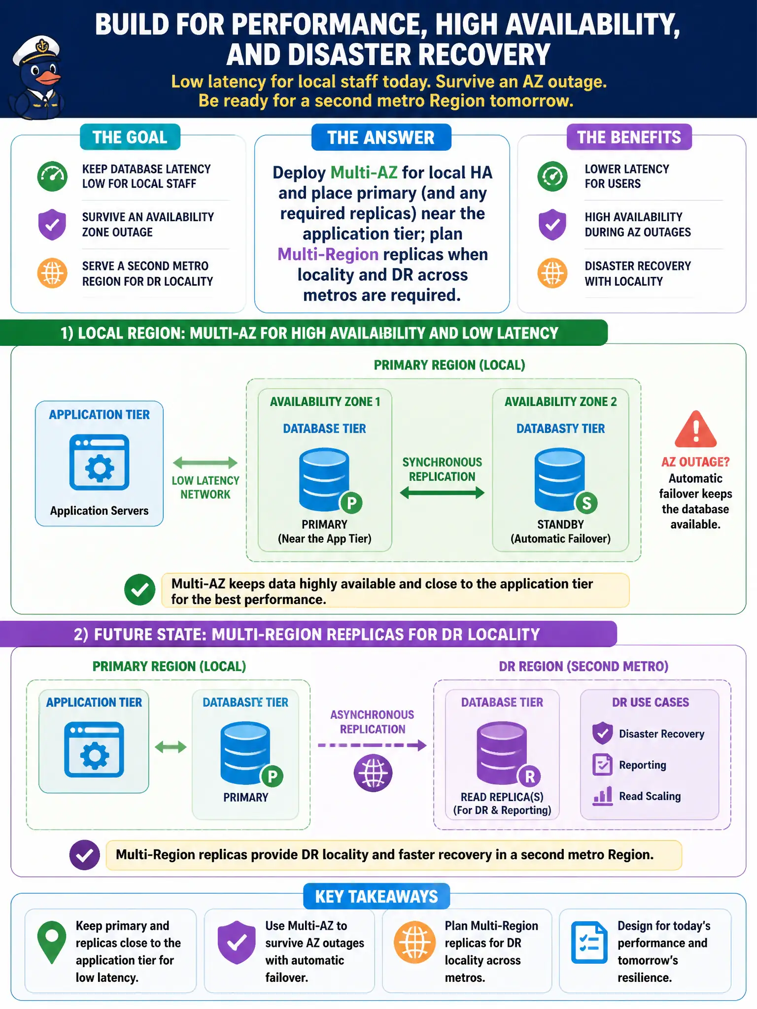 To Create an exciting colorful infographic that explains the concepts in the question: Question: A regional building-department portal must keep database latency low for local staff while surviving an Availability Zone outage, and later may serve a second metro Region for DR locality. How should the architect place the database tier for performance and HA? Correct Answer: Deploy Multi-AZ for local HA and place primary (and any required replicas) near the application tier; plan Multi-Region replicas when locality and DR across metros are required Put EVERY visible label in double quotes. No people. No A/B/C/D letters. In one of the four corners put a little "Navy Duck".
