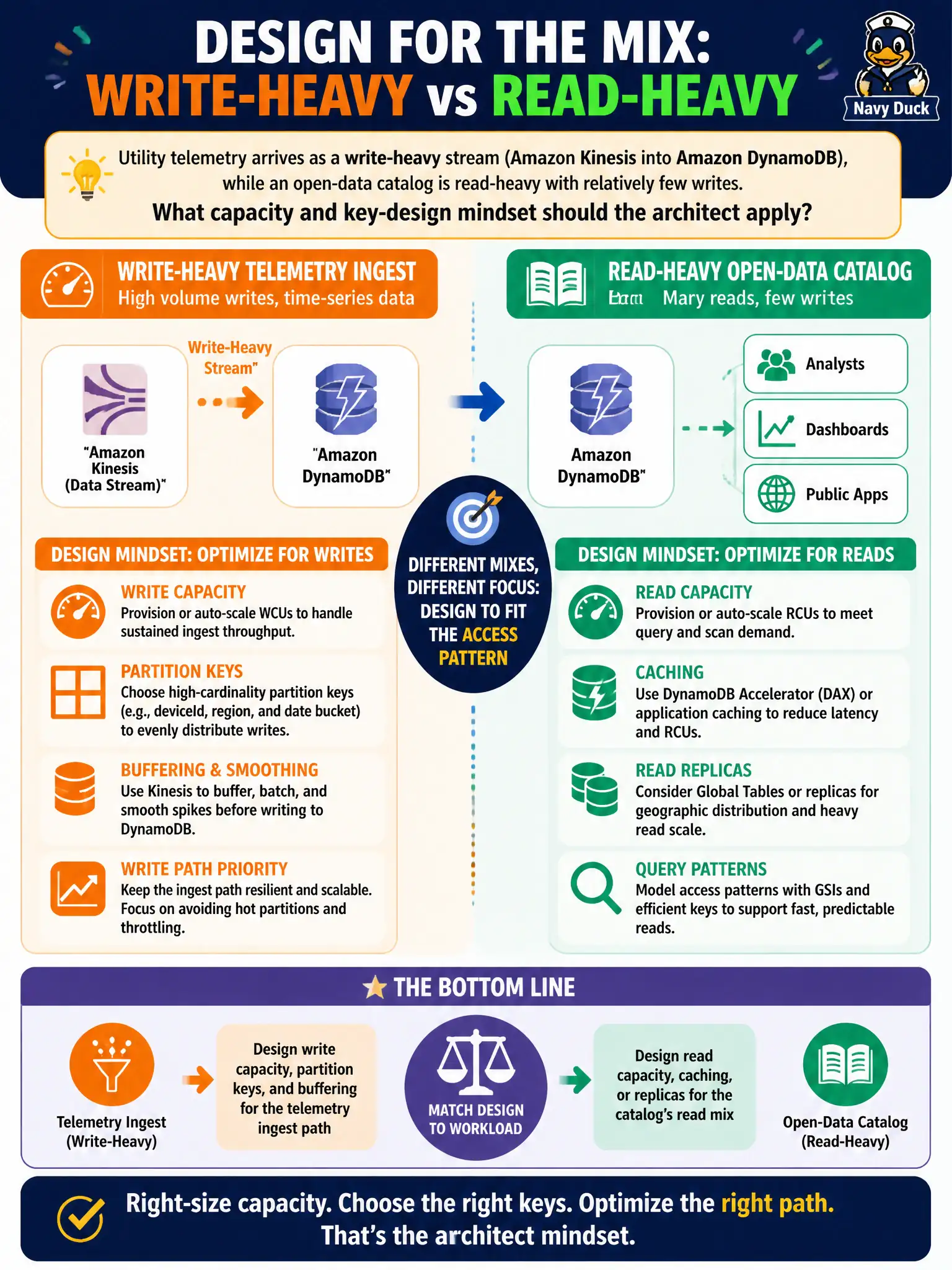 To Create an exciting colorful infographic that explains the concepts in the question: Question: Utility telemetry arrives as a write-heavy stream (Amazon Kinesis into Amazon DynamoDB), while an open-data catalog is read-heavy with relatively few writes. What capacity and key-design mindset should the architect apply? Correct Answer: Design write capacity, partition keys, and buffering for the telemetry ingest path, and design read capacity, caching, or replicas for the catalog’s read mix Put EVERY visible label in double quotes. No people. No A/B/C/D letters. In one of the four corners put a little "Navy Duck".