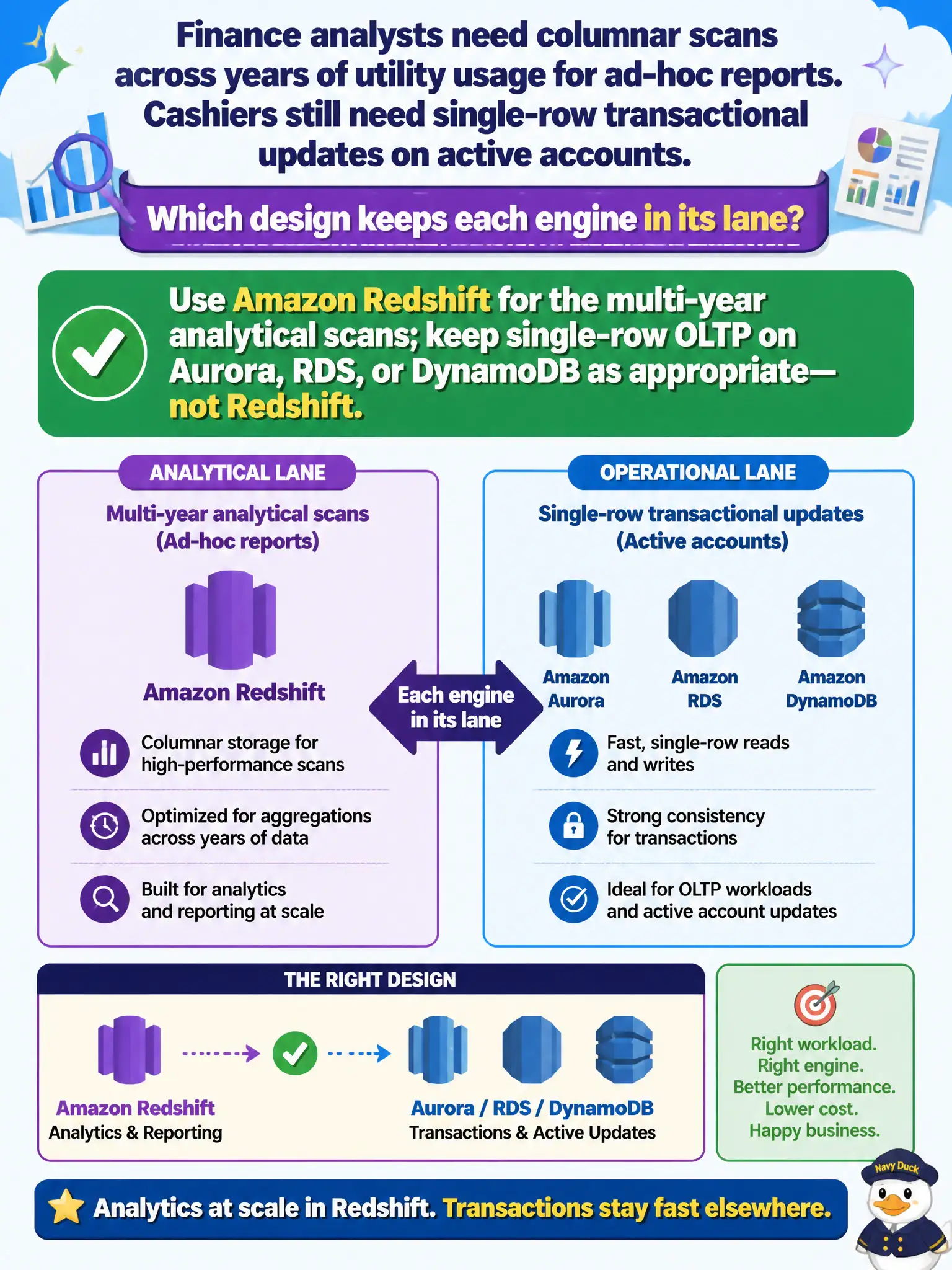 To Create an exciting colorful infographic that explains the concepts in the question: Question: Finance analysts need columnar scans across years of utility usage for ad-hoc reports. Cashiers still need single-row transactional updates on active accounts. Which design keeps each engine in its lane? Correct Answer: Use Amazon Redshift for the multi-year analytical scans; keep single-row OLTP on Aurora, RDS, or DynamoDB as appropriate—not Redshift Put EVERY visible label in double quotes. No people. No A/B/C/D letters. In one of the four corners put a little "Navy Duck".