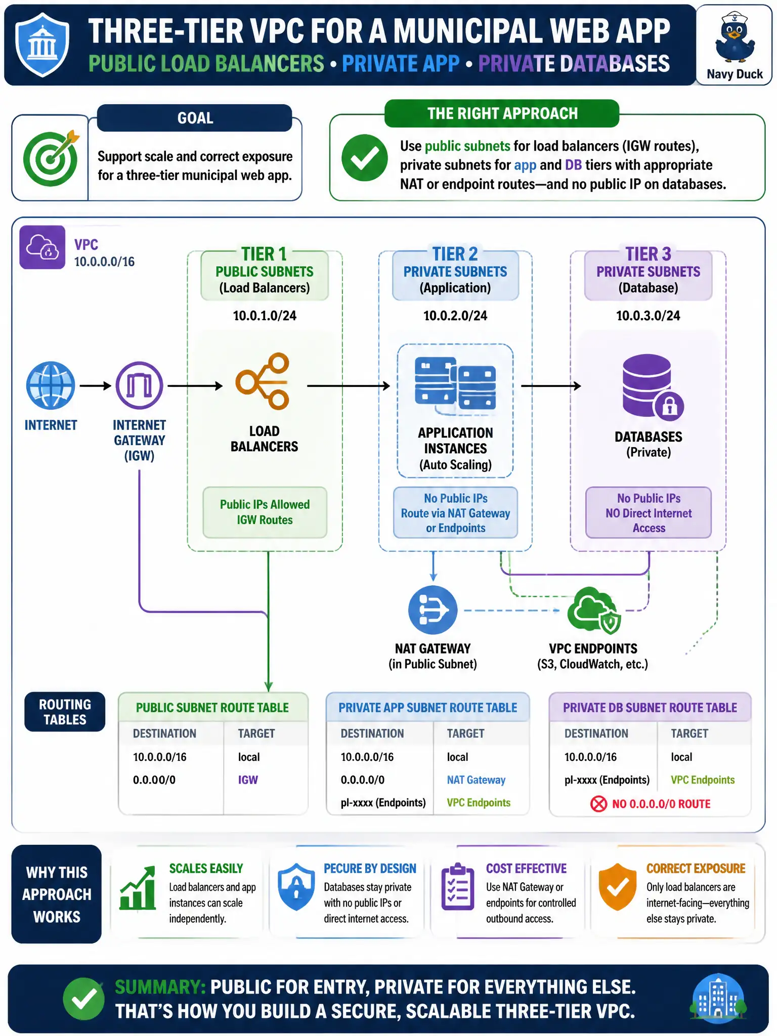 To Create an exciting colorful infographic that explains the concepts in the question: Question: Architects are laying out a three-tier VPC for a municipal web app: internet-facing load balancers, private application instances, and private databases. Which subnet and routing approach supports scale and correct exposure? Correct Answer: Use public subnets for load balancers (IGW routes), private subnets for app and DB tiers with appropriate NAT or endpoint routes—and no public IP on databases Put EVERY visible label in double quotes. No people. No A/B/C/D letters. In one of the four corners put a little "Navy Duck".