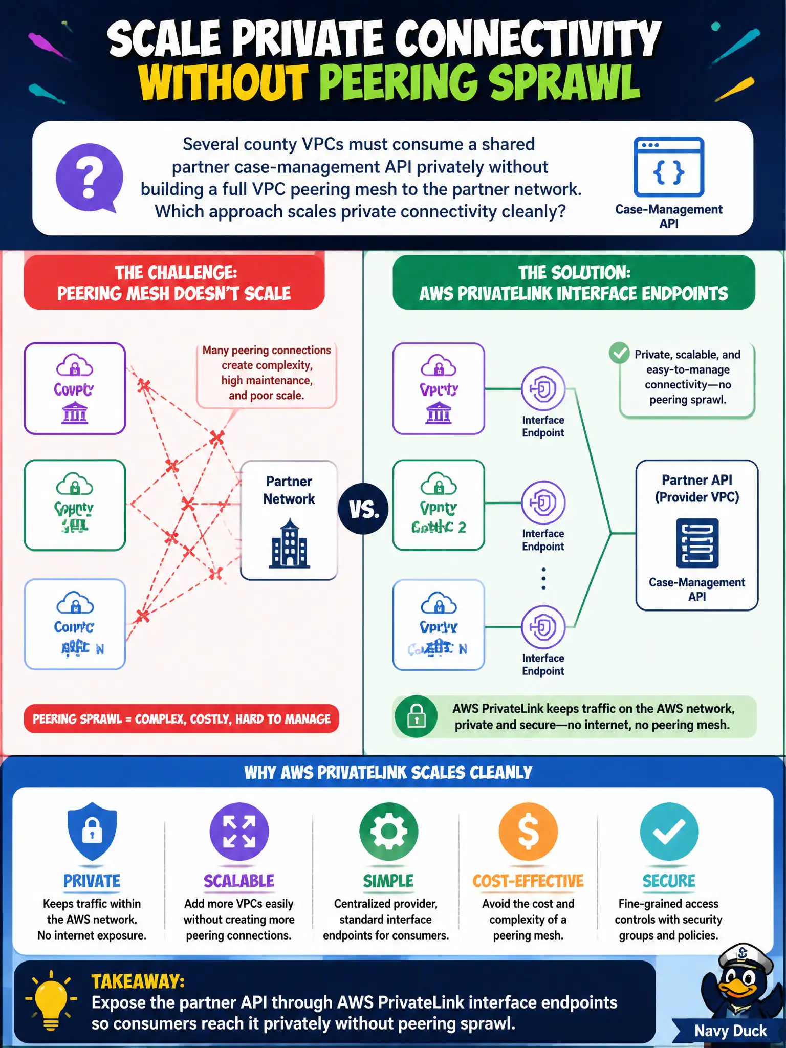 To Create an exciting colorful infographic that explains the concepts in the question: Question: Several county VPCs must consume a shared partner case-management API privately without building a full VPC peering mesh to the partner network. Which approach scales private connectivity cleanly? Correct Answer: Expose the partner API through AWS PrivateLink interface endpoints so consumers reach it privately without peering sprawl Put EVERY visible label in double quotes. No people. No A/B/C/D letters. In one of the four corners put a little "Navy Duck".