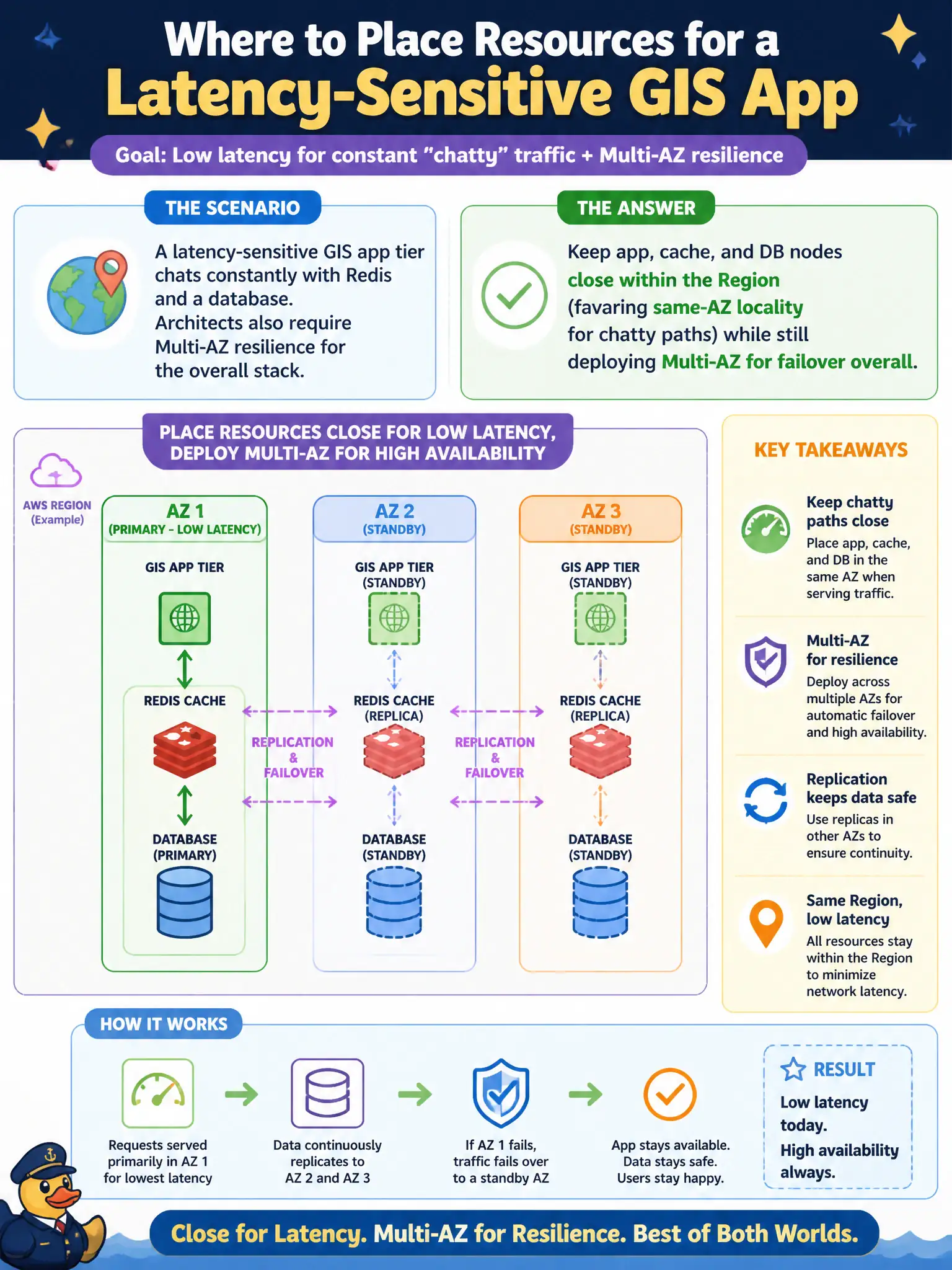 To Create an exciting colorful infographic that explains the concepts in the question: Question: A latency-sensitive GIS app tier chats constantly with Redis and a database. Architects also require Multi-AZ resilience for the overall stack. How should they place resources? Correct Answer: Keep app, cache, and DB nodes close within the Region (favoring same-AZ locality for chatty paths) while still deploying Multi-AZ for failover overall Put EVERY visible label in double quotes. No people. No A/B/C/D letters. In one of the four corners put a little "Navy Duck".