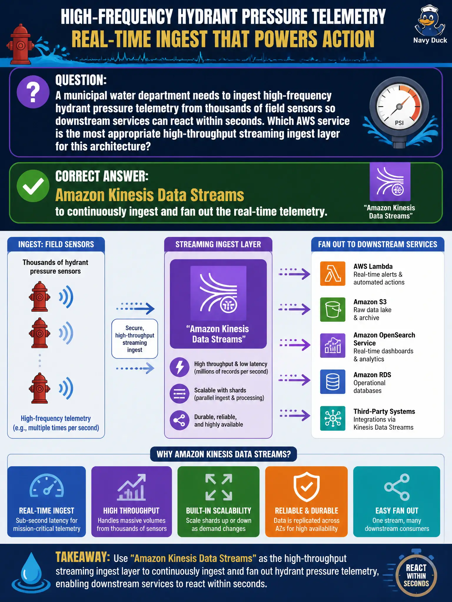 To Create an exciting colorful infographic that explains the concepts in the question: Question: A municipal water department needs to ingest high-frequency hydrant pressure telemetry from thousands of field sensors so downstream services can react within seconds. Which AWS service is the most appropriate high-throughput streaming ingest layer for this architecture? Correct Answer: Amazon Kinesis Data Streams to continuously ingest and fan out the real-time telemetry. Put EVERY visible label in double quotes. No people. No A/B/C/D letters. In one of the four corners put a little "Navy Duck".