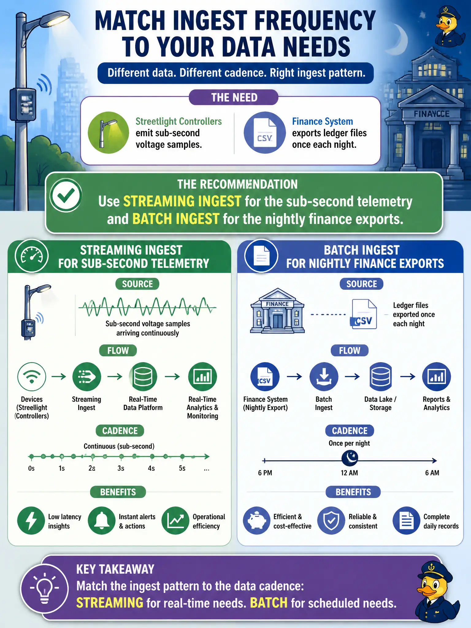 To Create an exciting colorful infographic that explains the concepts in the question: Question: A smart-city architecture office must choose ingest patterns: streetlight controllers emit sub-second voltage samples, while the finance system exports ledger files once each night. How should the team match ingest frequency to those needs? Correct Answer: Use streaming ingest for the sub-second telemetry and batch ingest for the nightly finance exports. Put EVERY visible label in double quotes. No people. No A/B/C/D letters. In one of the four corners put a little "Navy Duck".