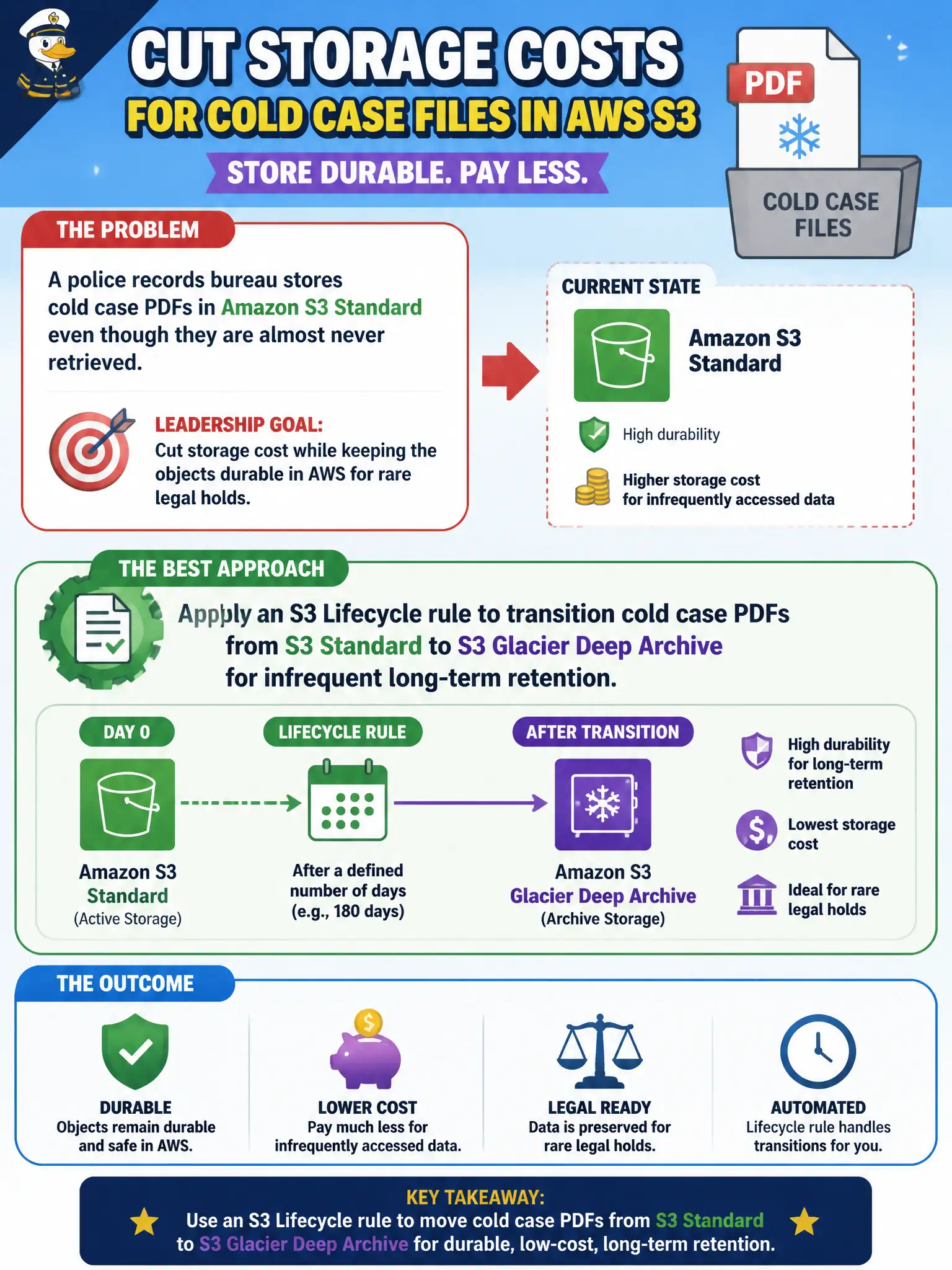 To Create an exciting colorful infographic that explains the concepts in the question: Question: A police records bureau stores cold case PDFs in Amazon S3 Standard even though they are almost never retrieved. Leadership wants to cut storage cost while keeping the objects durable in AWS for rare legal holds. Which approach best reduces cost? Correct Answer: Apply an S3 Lifecycle rule to transition cold case PDFs from S3 Standard to S3 Glacier Deep Archive for infrequent long-term retention. Put EVERY visible label in double quotes. No people. No A/B/C/D letters. In one of the four corners put a little "Navy Duck".