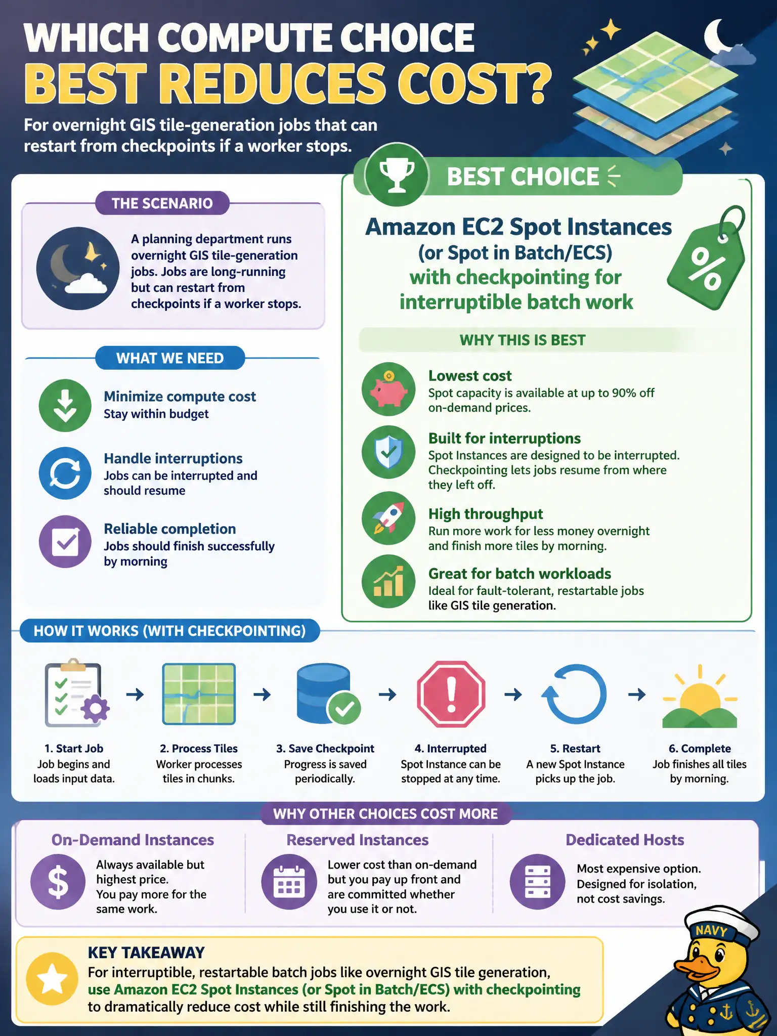 To Create an exciting colorful infographic that explains the concepts in the question: Question: A planning department runs overnight GIS tile-generation jobs that can restart from checkpoints if a worker stops. Which compute choice best reduces cost? Correct Answer: Amazon EC2 Spot Instances (or Spot in Batch/ECS) with checkpointing for interruptible batch work Put EVERY visible label in double quotes. No people. No A/B/C/D letters. In one of the four corners put a little "Navy Duck".