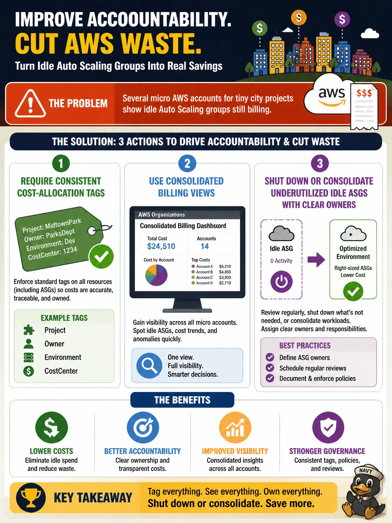 To Create an exciting colorful infographic that explains the concepts in the question: Question: Several micro AWS accounts for tiny city projects show idle Auto Scaling groups still billing. How should finance and architects improve accountability and cut waste? Correct Answer: Require consistent cost-allocation tags, use consolidated billing views, and shut down or consolidate underutilized idle ASGs with clear owners Put EVERY visible label in double quotes. No people. No A/B/C/D letters. In one of the four corners put a little "Navy Duck".
