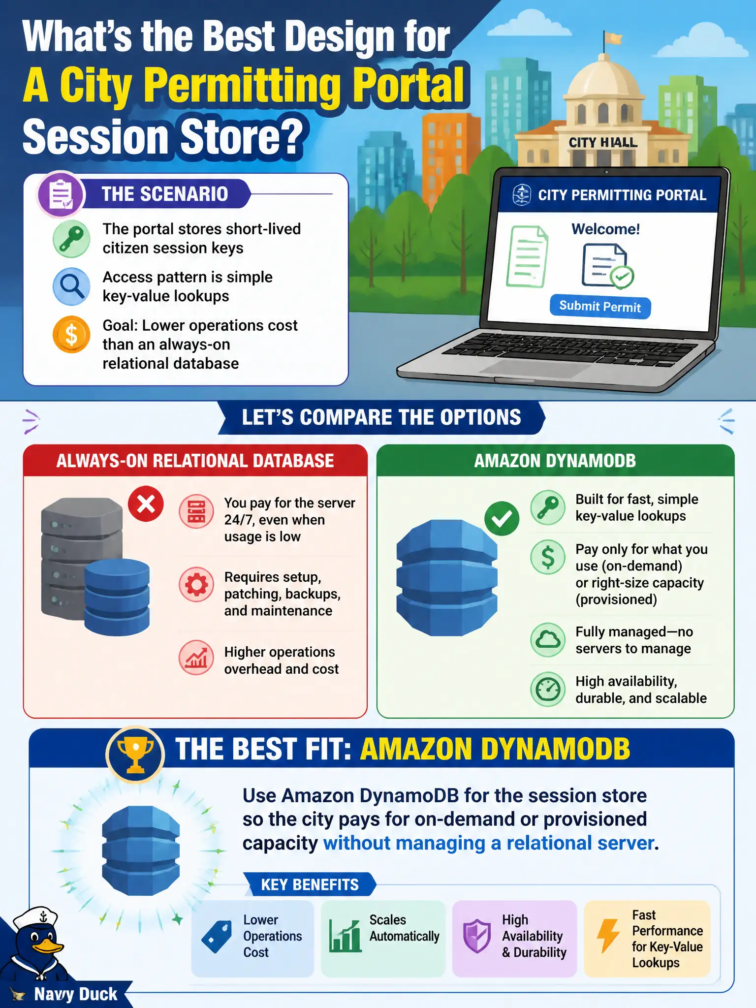 To Create an exciting colorful infographic that explains the concepts in the question: Question: A city permitting portal stores short-lived citizen session keys with simple key-value lookups and wants lower operations cost than an always-on relational database. Which design fits best? Correct Answer: Use Amazon DynamoDB for the session store so the city pays for on-demand or provisioned capacity without managing a relational server. Put EVERY visible label in double quotes. No people. No A/B/C/D letters. In one of the four corners put a little "Navy Duck".
