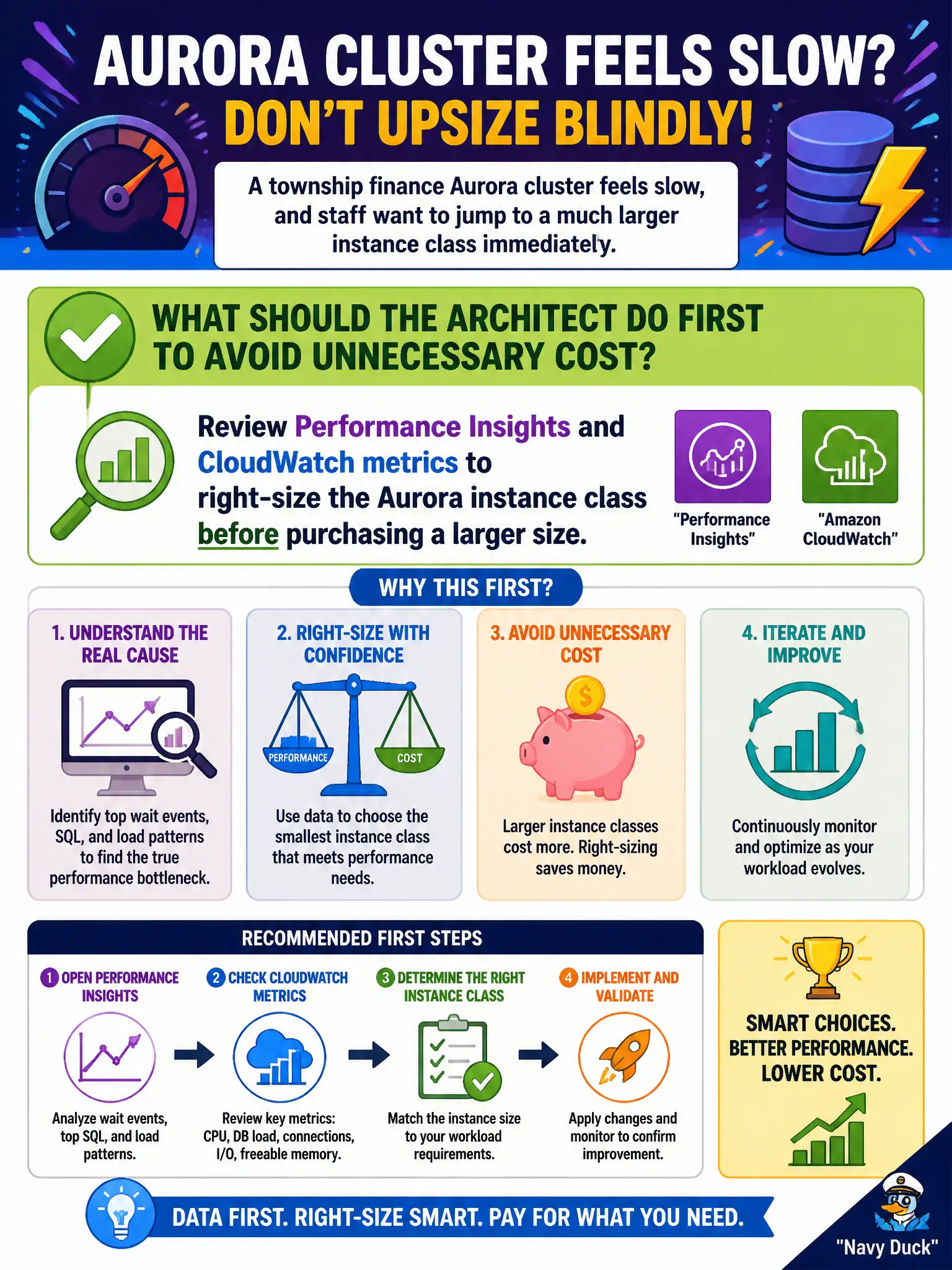 To Create an exciting colorful infographic that explains the concepts in the question: Question: A township finance Aurora cluster feels slow, and staff want to jump to a much larger instance class immediately. What should the architect do first to avoid unnecessary cost? Correct Answer: Review Performance Insights and CloudWatch metrics to right-size the Aurora instance class before purchasing a larger size. Put EVERY visible label in double quotes. No people. No A/B/C/D letters. In one of the four corners put a little "Navy Duck".