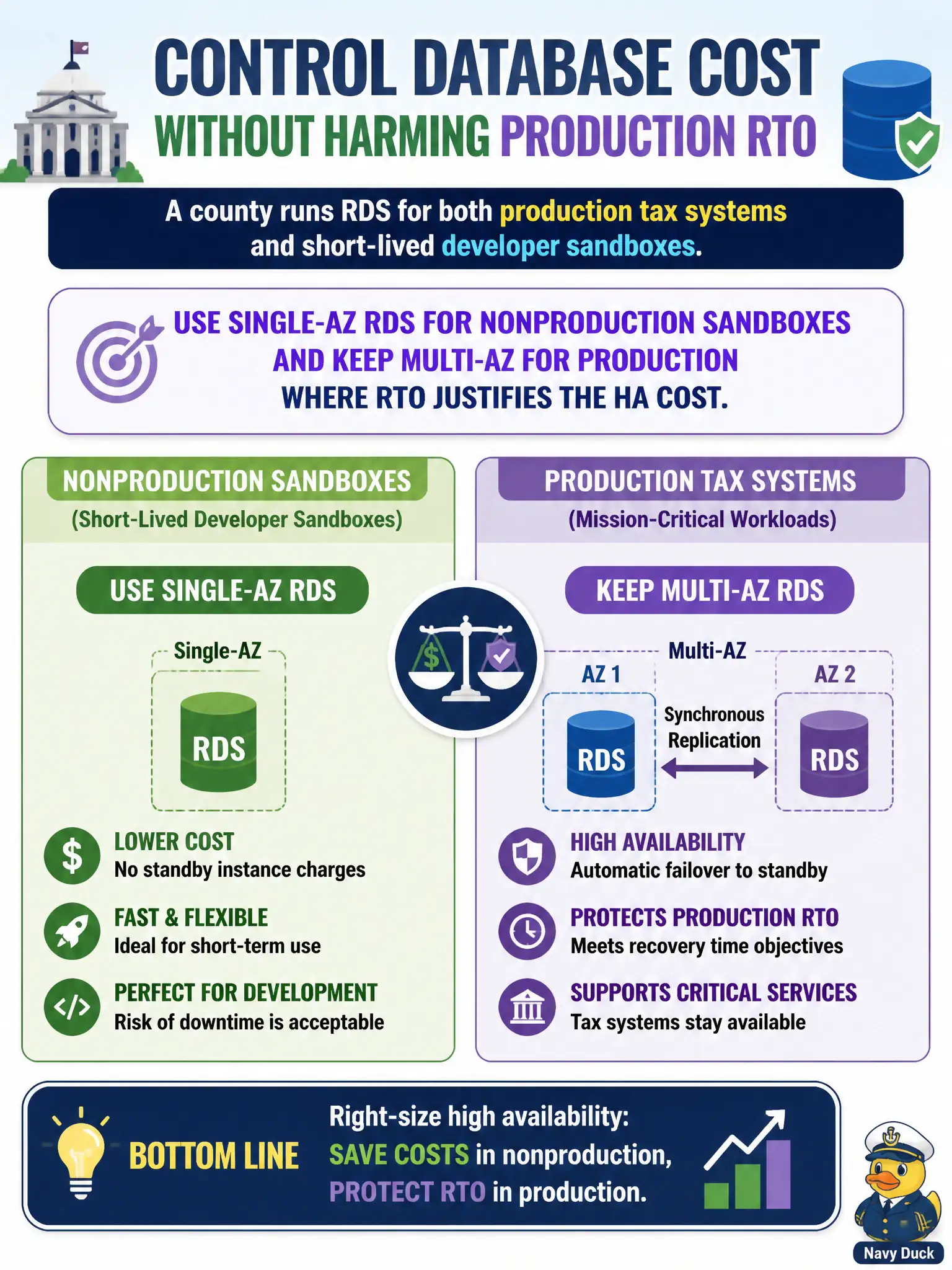 To Create an exciting colorful infographic that explains the concepts in the question: Question: A county runs RDS for both production tax systems and short-lived developer sandboxes. How should Multi-AZ be applied to control database cost without harming production RTO? Correct Answer: Use Single-AZ RDS for nonproduction sandboxes and keep Multi-AZ for production where RTO justifies the HA cost. Put EVERY visible label in double quotes. No people. No A/B/C/D letters. In one of the four corners put a little "Navy Duck".