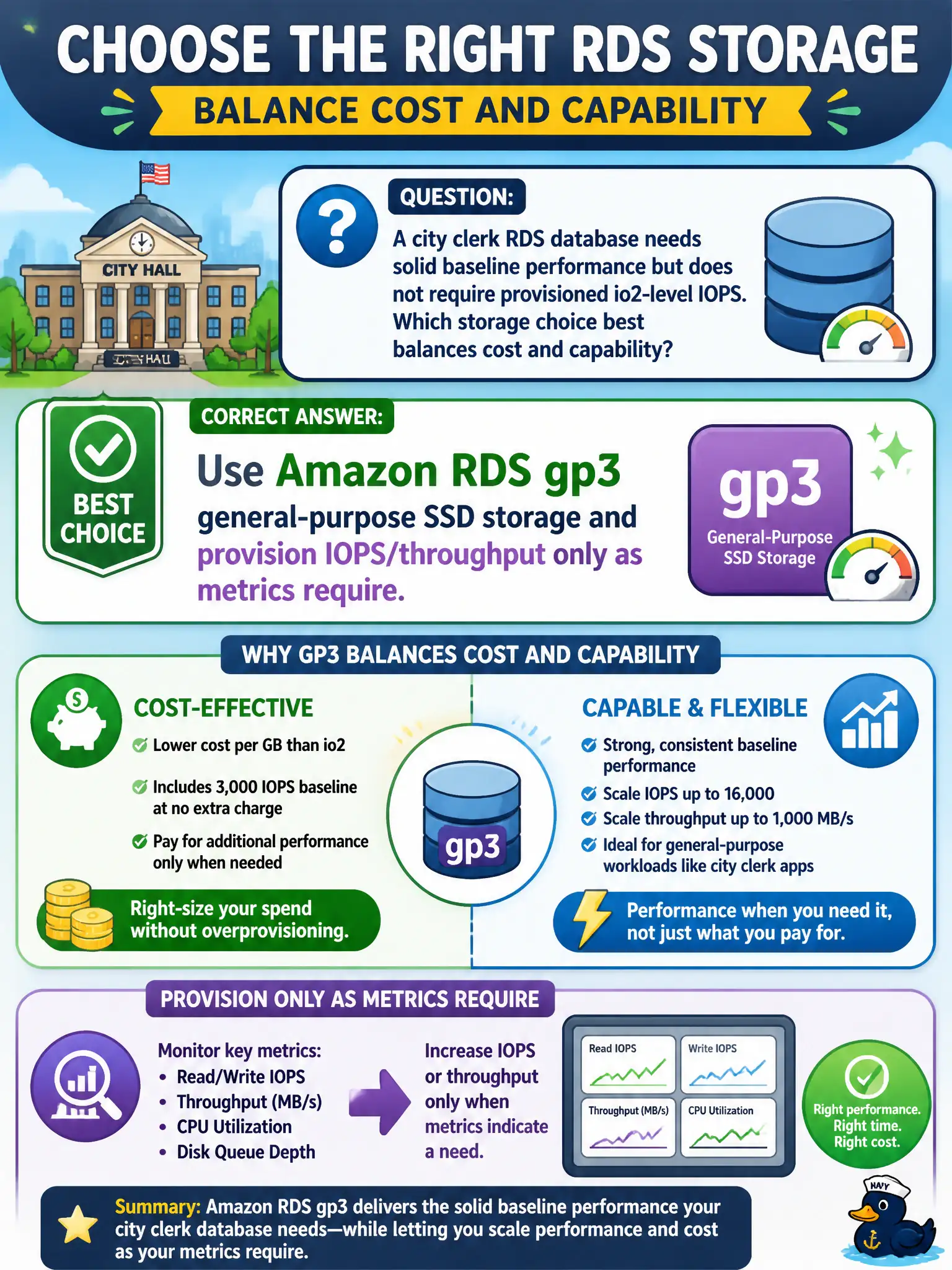 To Create an exciting colorful infographic that explains the concepts in the question: Question: A city clerk RDS database needs solid baseline performance but does not require provisioned io2-level IOPS. Which storage choice best balances cost and capability? Correct Answer: Use Amazon RDS gp3 general-purpose SSD storage and provision IOPS/throughput only as metrics require. Put EVERY visible label in double quotes. No people. No A/B/C/D letters. In one of the four corners put a little "Navy Duck".