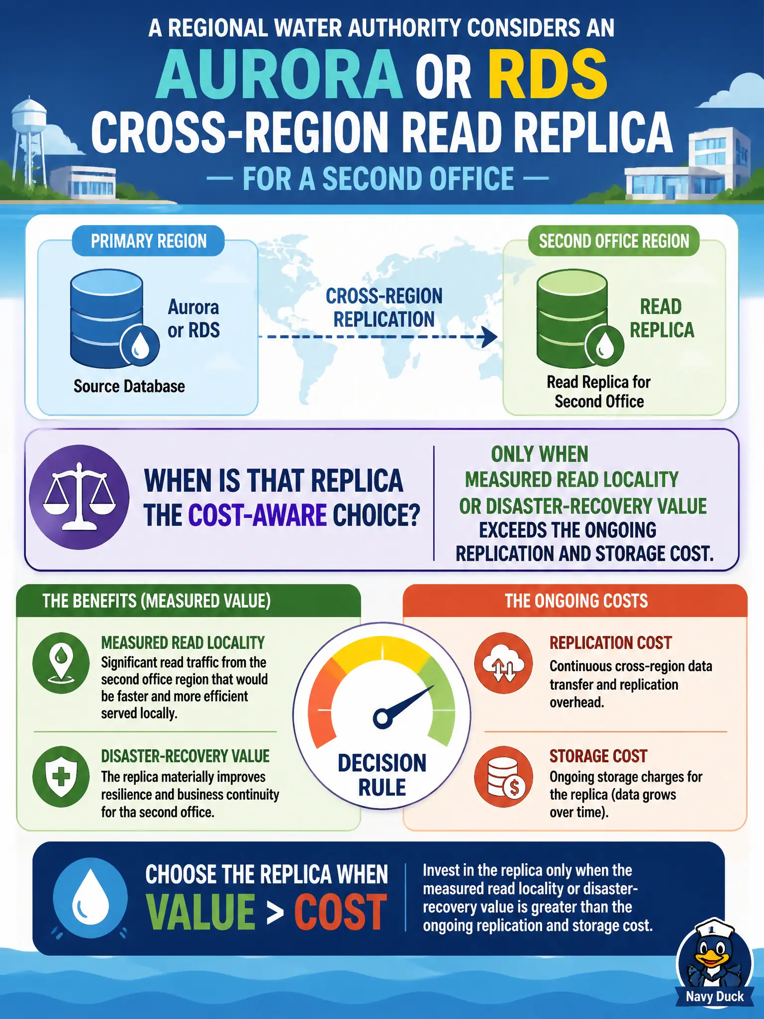 To Create an exciting colorful infographic that explains the concepts in the question: Question: A regional water authority considers an Aurora or RDS cross-Region read replica for a second office. When is that replica the cost-aware choice? Correct Answer: Only when measured read locality or disaster-recovery value exceeds the ongoing replication and storage cost. Put EVERY visible label in double quotes. No people. No A/B/C/D letters. In one of the four corners put a little "Navy Duck".