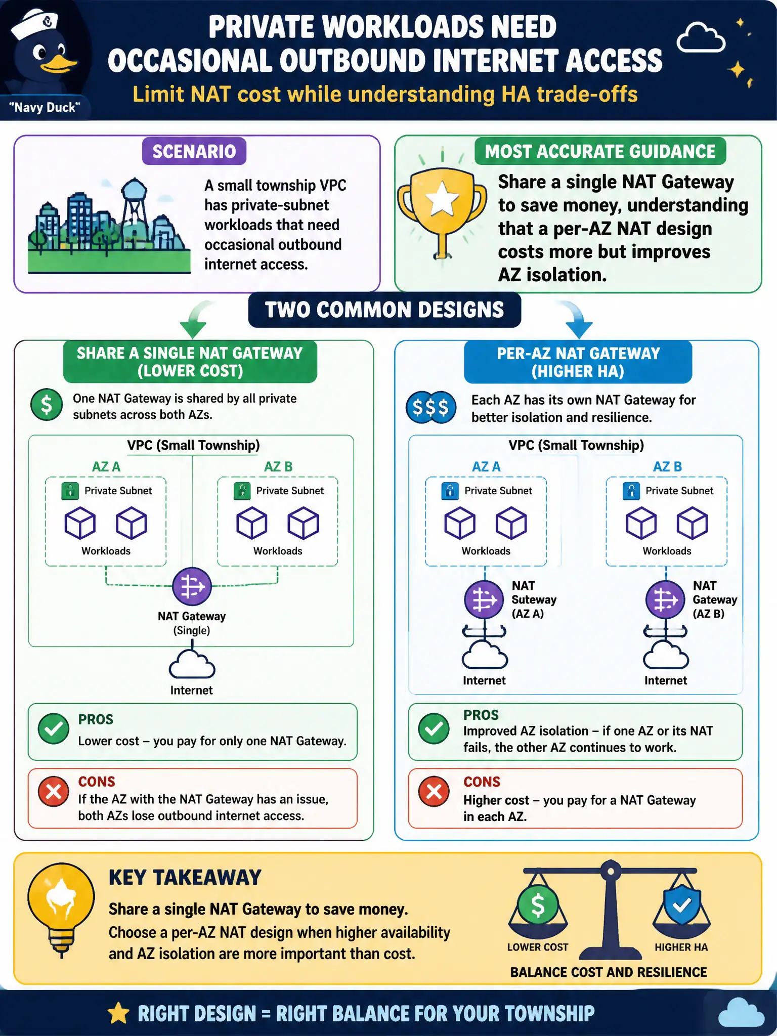 To Create an exciting colorful infographic that explains the concepts in the question: Question: A small township VPC has private-subnet workloads that need occasional outbound internet access. Leadership wants to limit NAT cost while understanding HA trade-offs. Which guidance is most accurate? Correct Answer: Share a single NAT Gateway to save money, understanding that a per-AZ NAT design costs more but improves AZ isolation. Put EVERY visible label in double quotes. No people. No A/B/C/D letters. In one of the four corners put a little "Navy Duck".