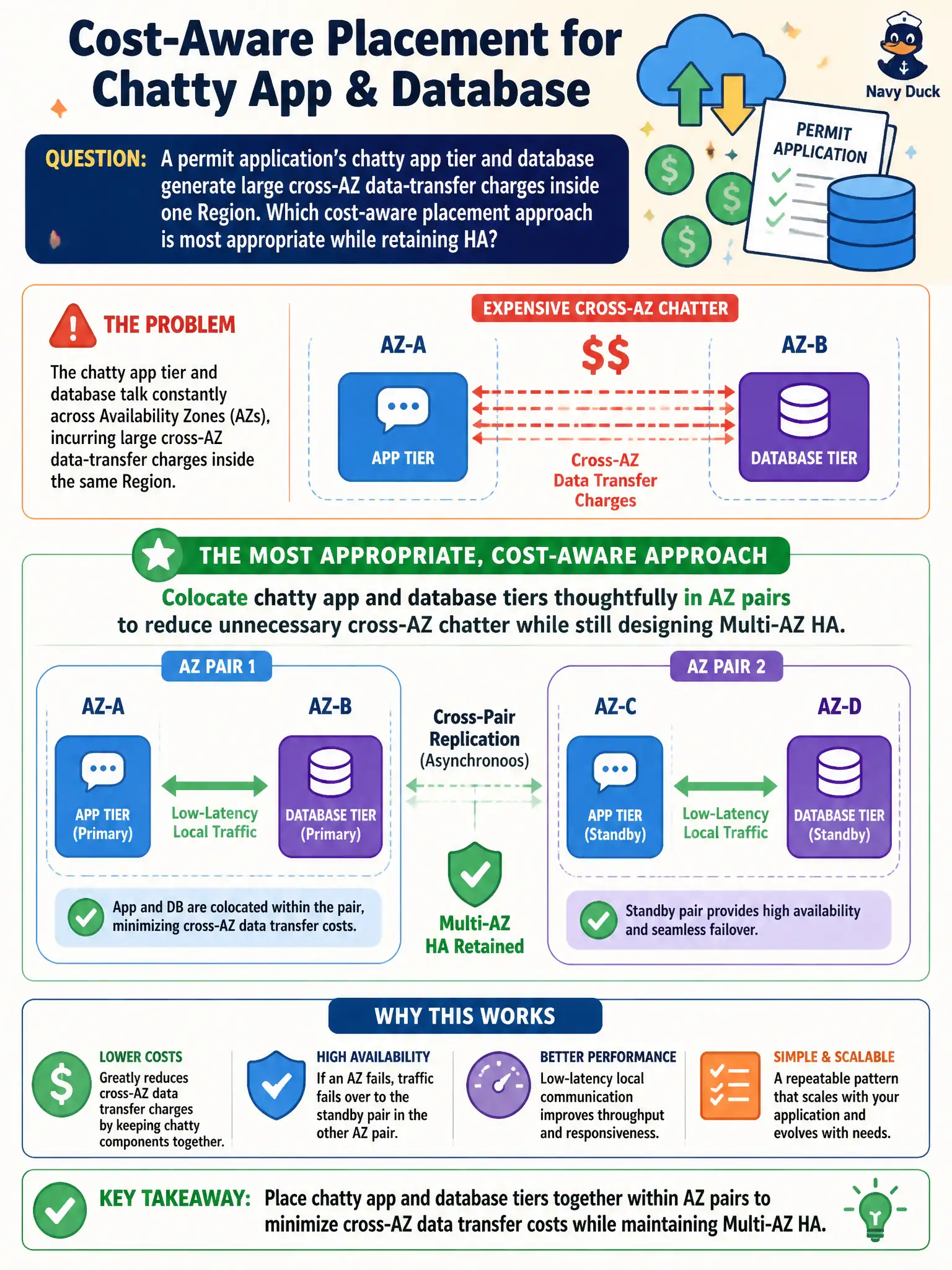 To Create an exciting colorful infographic that explains the concepts in the question: Question: A permit application's chatty app tier and database generate large cross-AZ data-transfer charges inside one Region. Which cost-aware placement approach is most appropriate while retaining HA? Correct Answer: Colocate chatty app and database tiers thoughtfully in AZ pairs to reduce unnecessary cross-AZ chatter while still designing Multi-AZ HA. Put EVERY visible label in double quotes. No people. No A/B/C/D letters. In one of the four corners put a little "Navy Duck".
