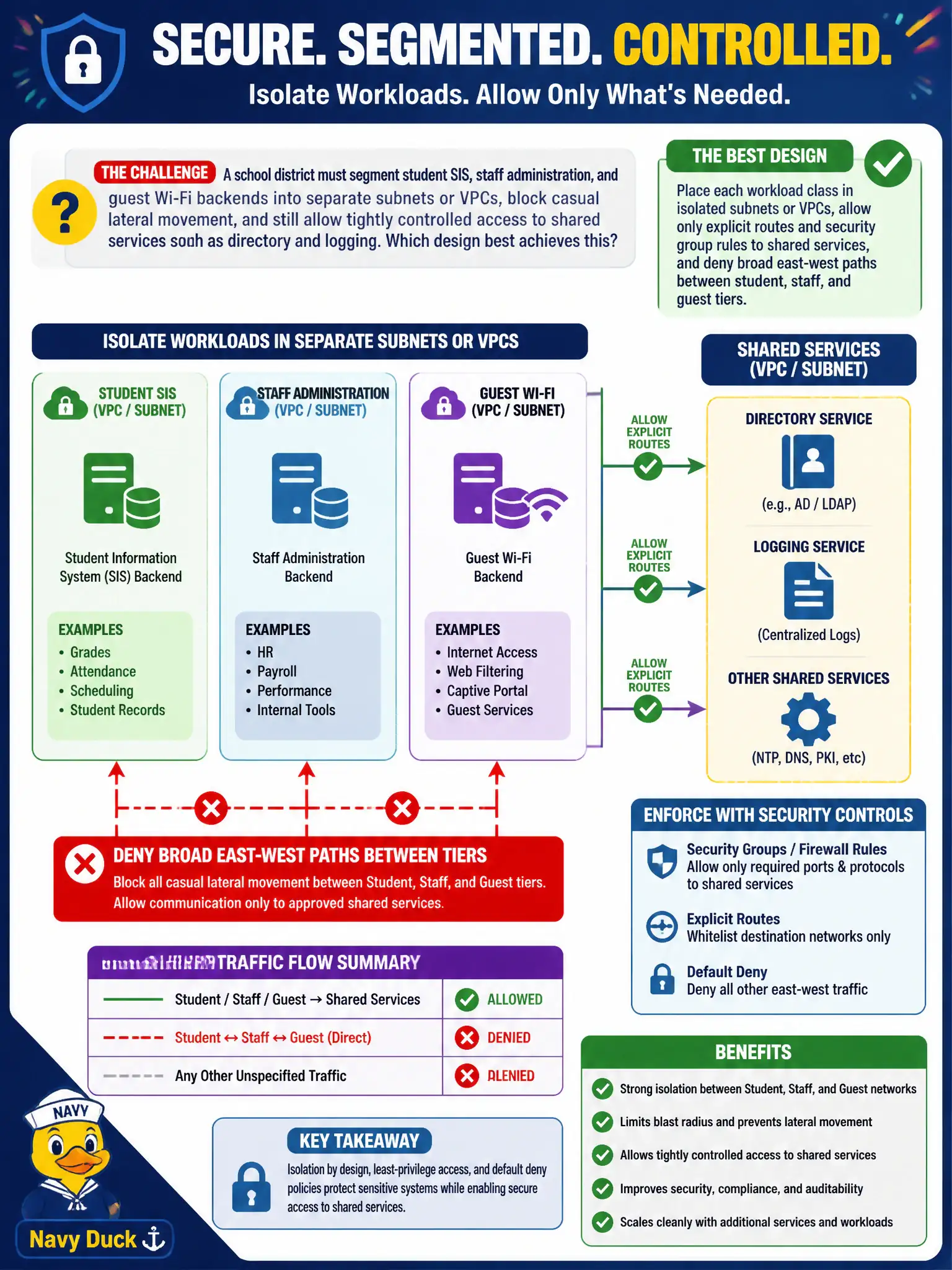 To Create an exciting colorful infographic that explains the concepts in the question: Question: A school district must segment student SIS, staff administration, and guest Wi-Fi backends into separate subnets or VPCs, block casual lateral movement, and still allow tightly controlled access to shared services such as directory and logging. Which design best achieves this? Correct Answer: Place each workload class in isolated subnets or VPCs, allow only explicit routes and security group rules to shared services, and deny broad east-west paths between student, staff, and guest tiers. Put EVERY visible label in double quotes. No people. No A/B/C/D letters. In one of the four corners put a little "Navy Duck".