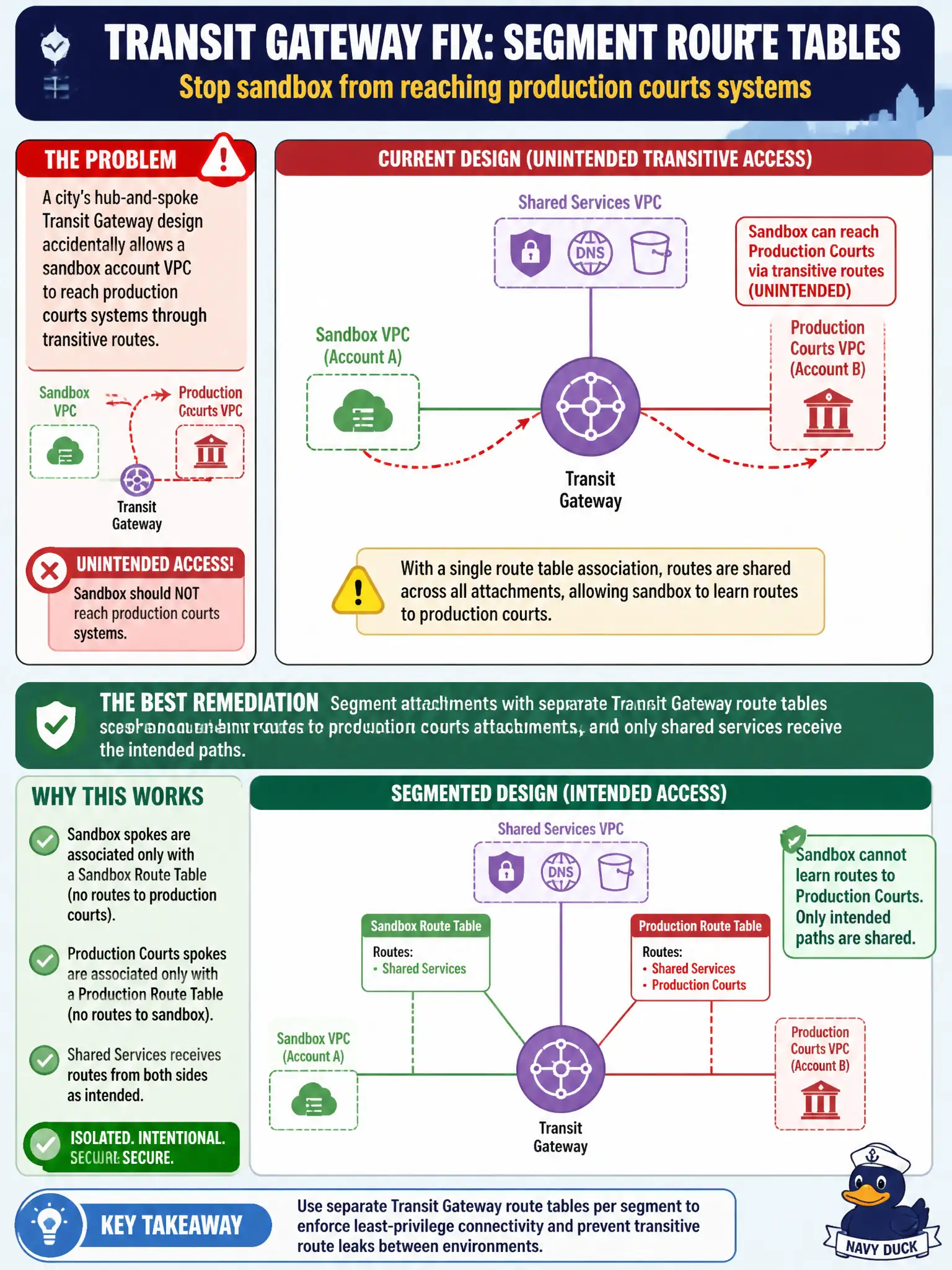 To Create an exciting colorful infographic that explains the concepts in the question: Question: A city's hub-and-spoke Transit Gateway design accidentally allows a sandbox account VPC to reach production courts systems through transitive routes. Which control best remediates this? Correct Answer: Segment attachments with separate Transit Gateway route tables so sandbox spokes cannot learn routes to production courts attachments, and only shared services receive the intended paths. Put EVERY visible label in double quotes. No people. No A/B/C/D letters. In one of the four corners put a little "Navy Duck".
