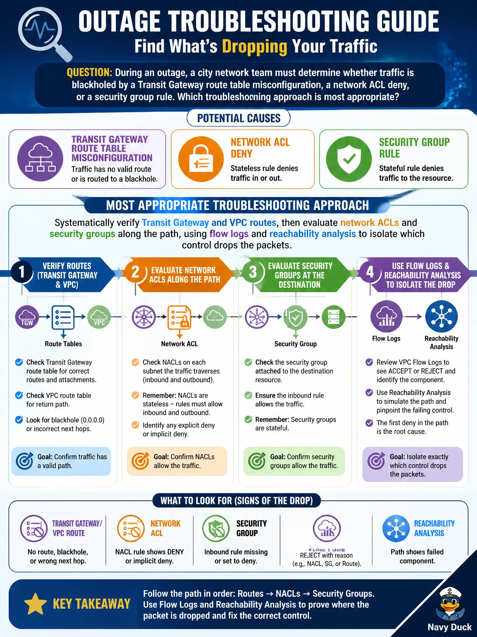 To Create an exciting colorful infographic that explains the concepts in the question: Question: During an outage, a city network team must determine whether traffic is blackholed by a Transit Gateway route table misconfiguration, a network ACL deny, or a security group rule. Which troubleshooting approach is most appropriate? Correct Answer: Systematically verify Transit Gateway and VPC routes, then evaluate network ACLs and security groups along the path, using flow logs and reachability analysis to isolate which control drops the packets. Put EVERY visible label in double quotes. No people. No A/B/C/D letters. In one of the four corners put a little "Navy Duck".
