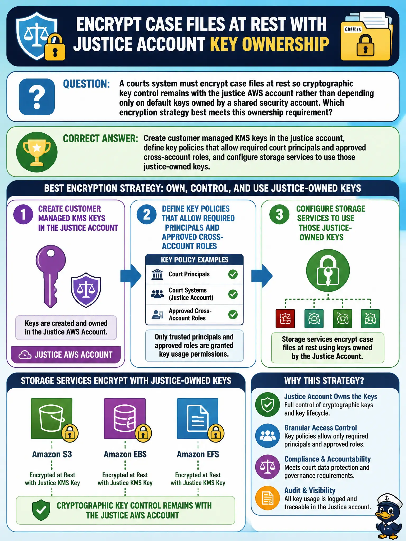 To Create an exciting colorful infographic that explains the concepts in the question: Question: A courts system must encrypt case files at rest so cryptographic key control remains with the justice AWS account rather than depending only on default keys owned by a shared security account. Which encryption strategy best meets this ownership requirement? Correct Answer: Create customer managed KMS keys in the justice account, define key policies that allow required court principals and approved cross-account roles, and configure storage services to use those justice-owned keys. Put EVERY visible label in double quotes. No people. No A/B/C/D letters. In one of the four corners put a little "Navy Duck".