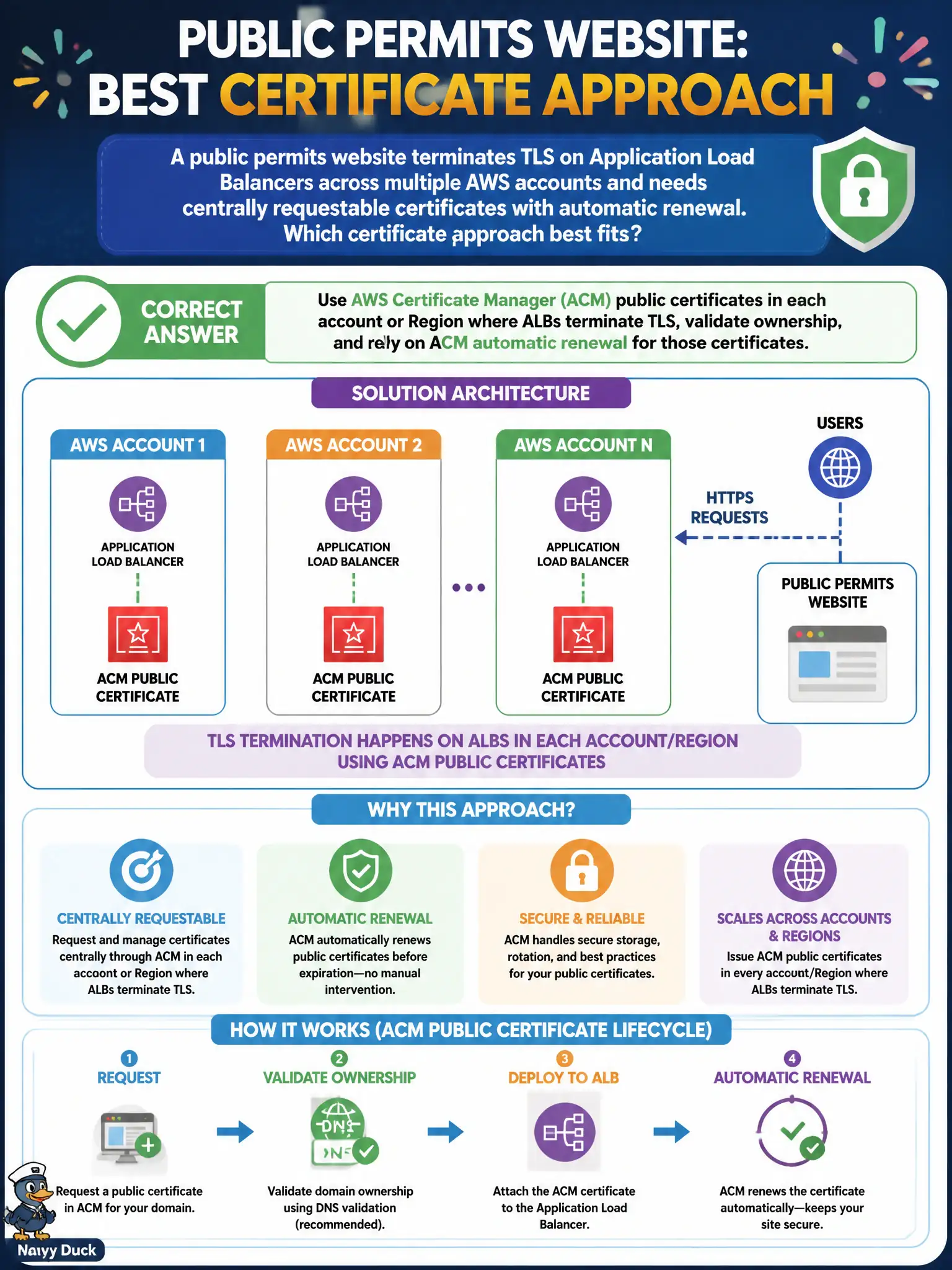 To Create an exciting colorful infographic that explains the concepts in the question: Question: A public permits website terminates TLS on Application Load Balancers across multiple AWS accounts and needs centrally requestable certificates with automatic renewal. Which certificate approach best fits? Correct Answer: Use AWS Certificate Manager (ACM) public certificates in each account or Region where ALBs terminate TLS, validate ownership, and rely on ACM automatic renewal for those certificates. Put EVERY visible label in double quotes. No people. No A/B/C/D letters. In one of the four corners put a little "Navy Duck".