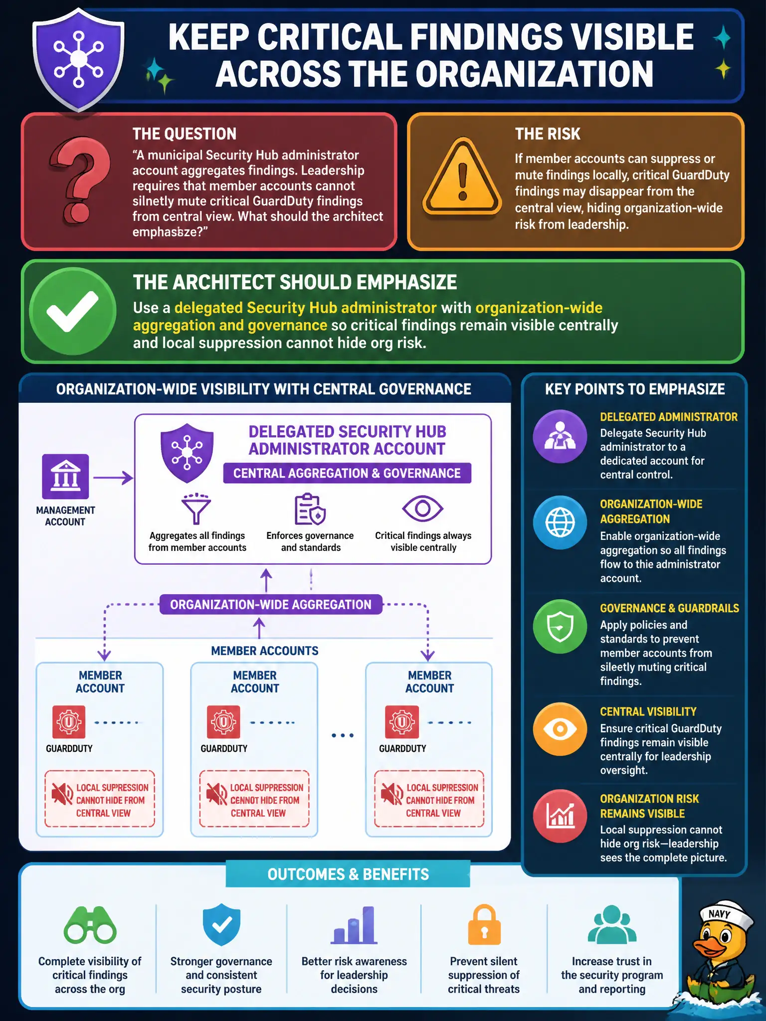 To Create an exciting colorful infographic that explains the concepts in the question: Question: A municipal Security Hub administrator account aggregates findings. Leadership requires that member accounts cannot silently mute critical GuardDuty findings from central view. What should the architect emphasize? Correct Answer: Use a delegated Security Hub administrator with organization-wide aggregation and governance so critical findings remain visible centrally and local suppression cannot hide org risk. Put EVERY visible label in double quotes. No people. No A/B/C/D letters. In one of the four corners put a little "Navy Duck".