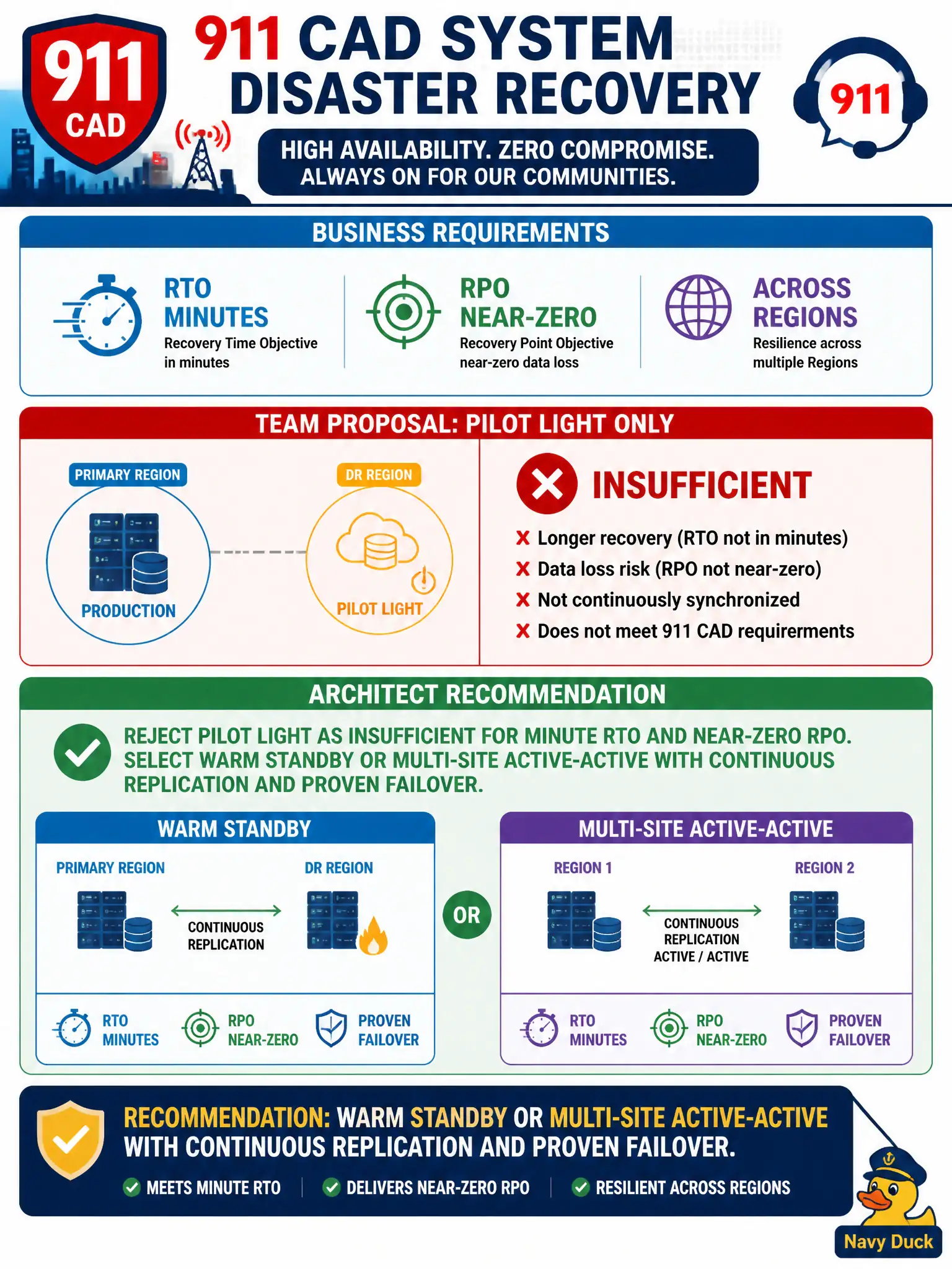 To Create an exciting colorful infographic that explains the concepts in the question: Question: A 911 CAD system requires an RTO of minutes and near-zero RPO across Regions. A team proposes pilot light only. What should the architect recommend? Correct Answer: Reject pilot light as insufficient for minute RTO and near-zero RPO; select warm standby or multi-site active-active with continuous replication and proven failover. Put EVERY visible label in double quotes. No people. No A/B/C/D letters. In one of the four corners put a little "Navy Duck".